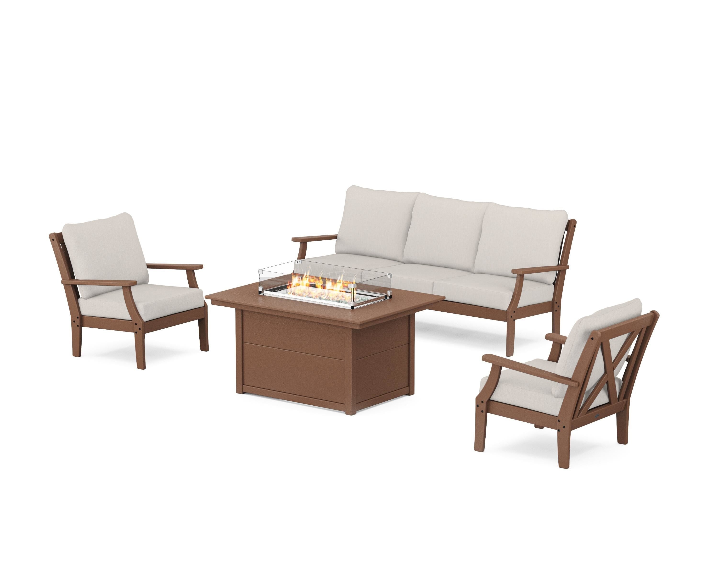 POLYWOOD® Braxton Deep Seating Fire Pit Table Set in Teak / Cast Ash