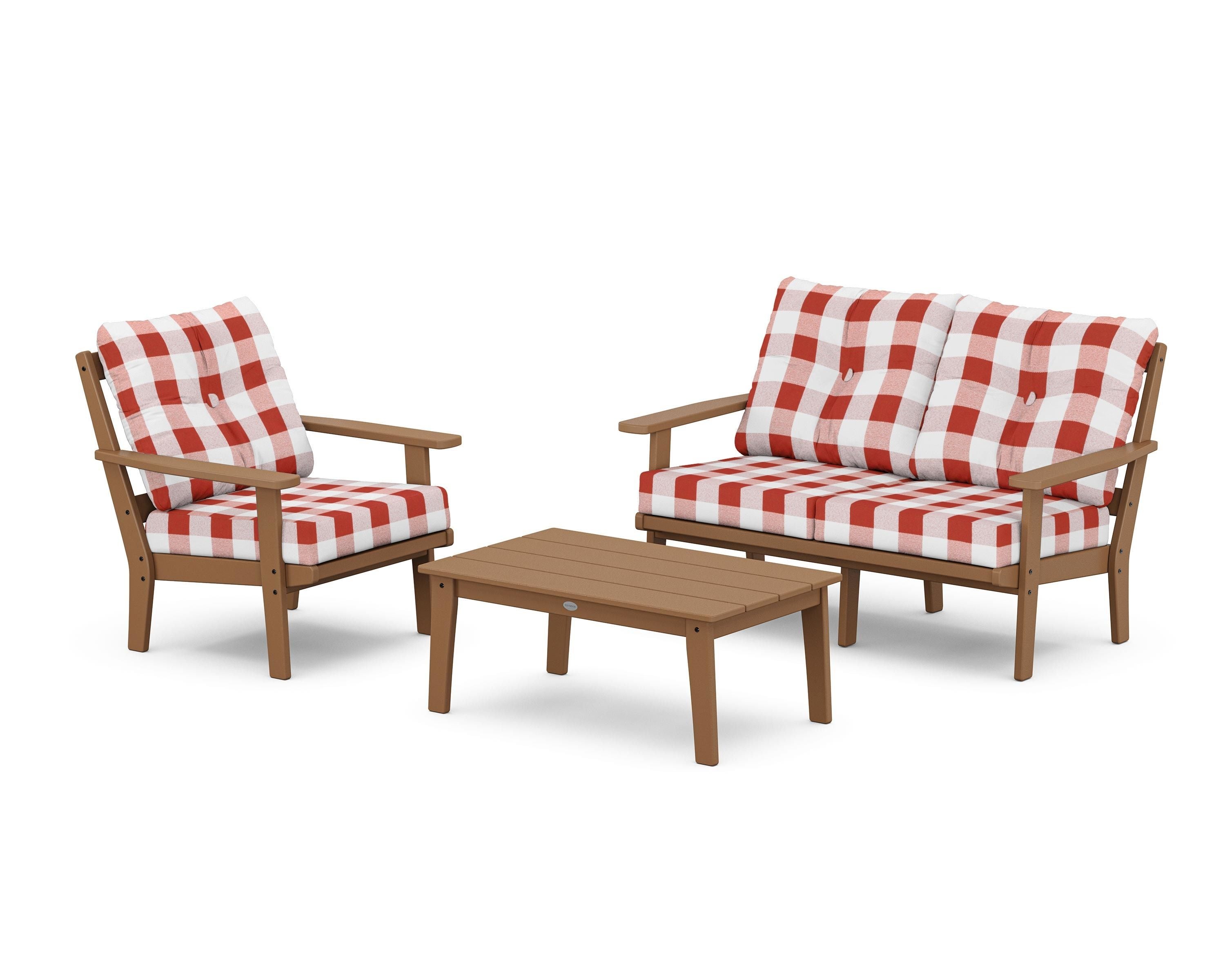 POLYWOOD® Prairie 3-Piece Deep Seating Set with Loveseat in Teak / Buffalo Plaid Crimson