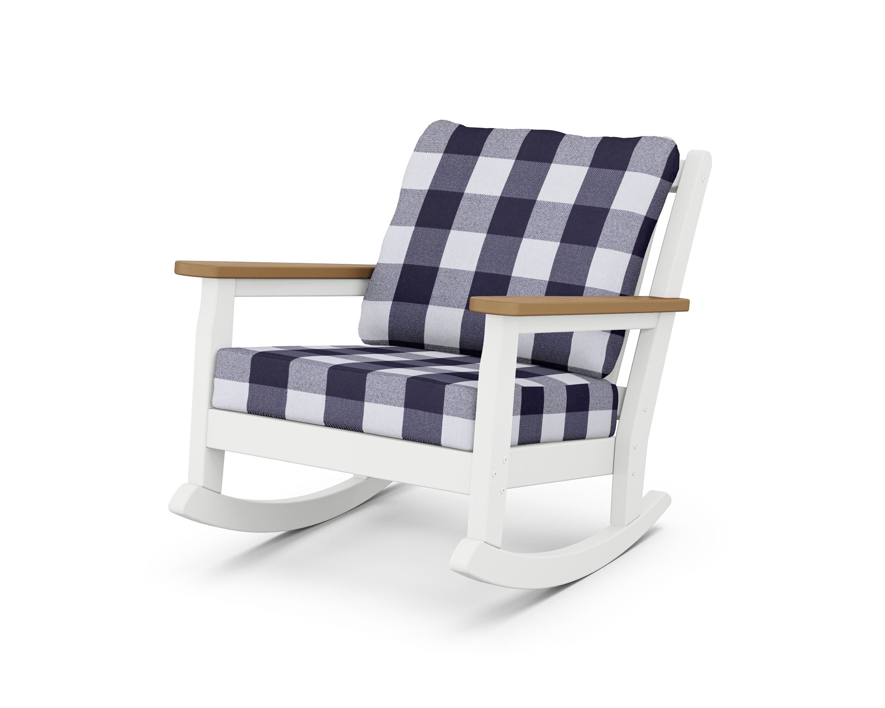 POLYWOOD® Chippendale Deep Seating Rocking Chair in White / Natural / Buffalo Plaid Navy