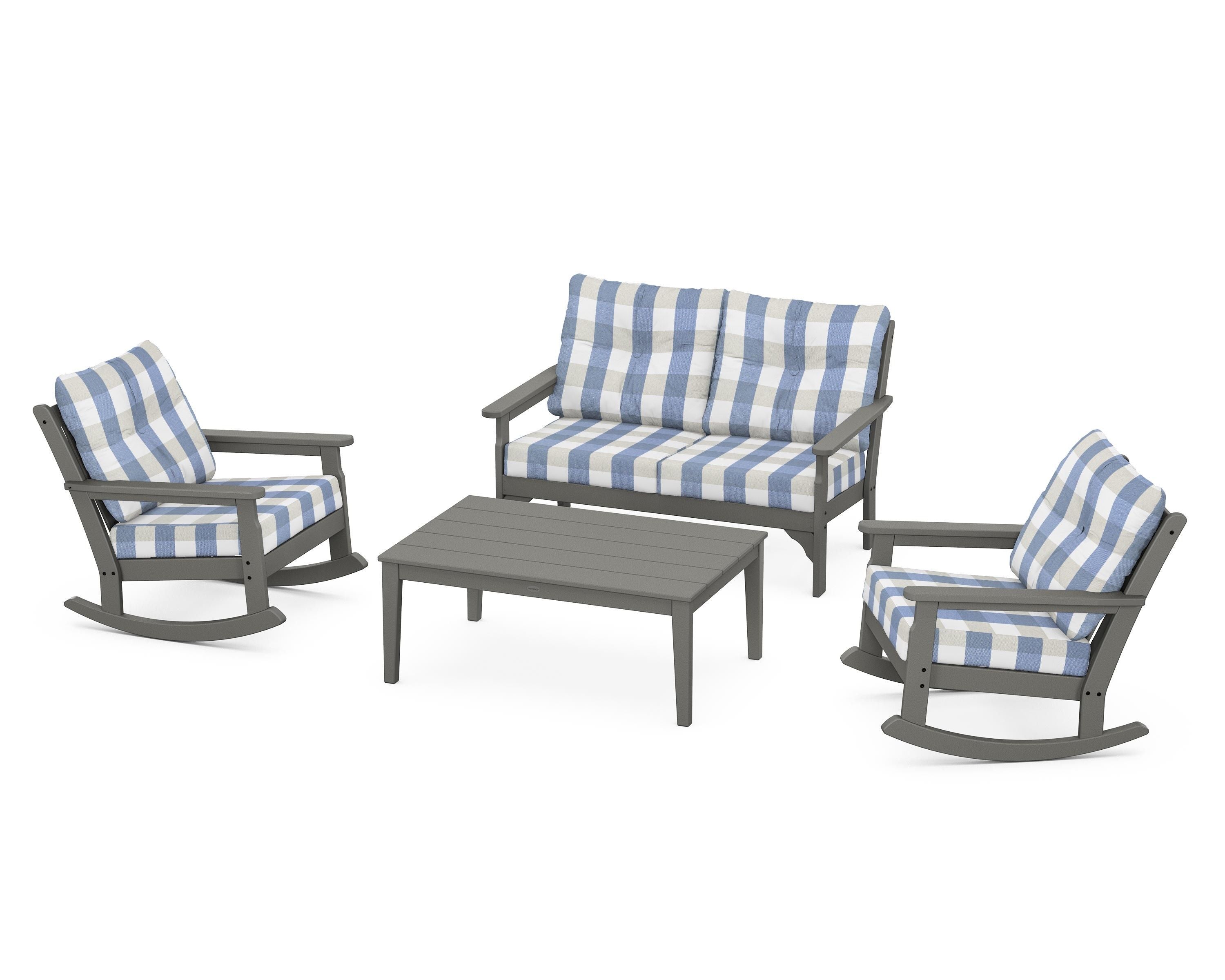 POLYWOOD® Vineyard 4-Piece Deep Seating Rocking Chair Set in Slate Grey / Buffalo Plaid Sky Blue