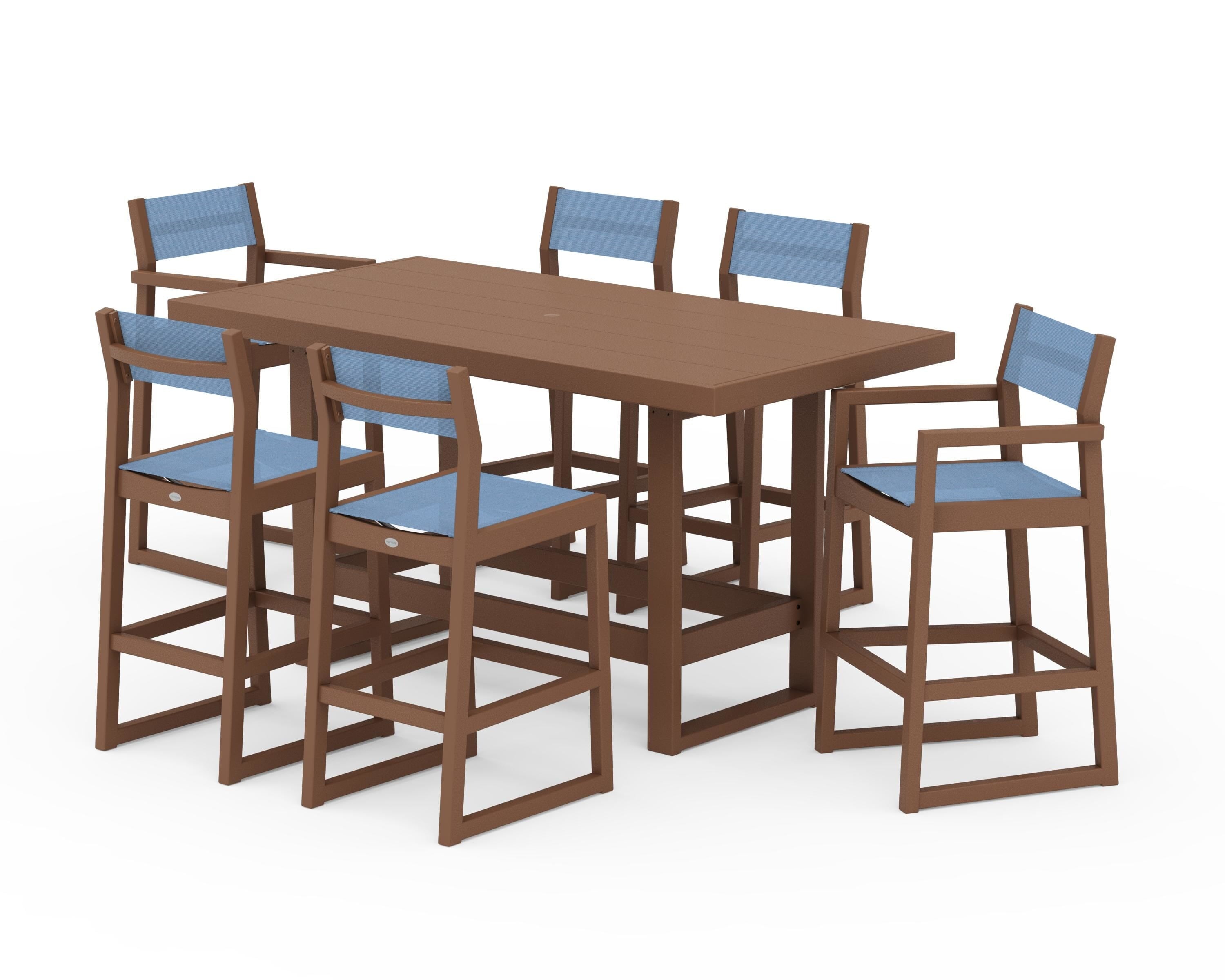 POLYWOOD® EDGE Sling 7-Piece Bar Table Set in Teak / Poolside Sling