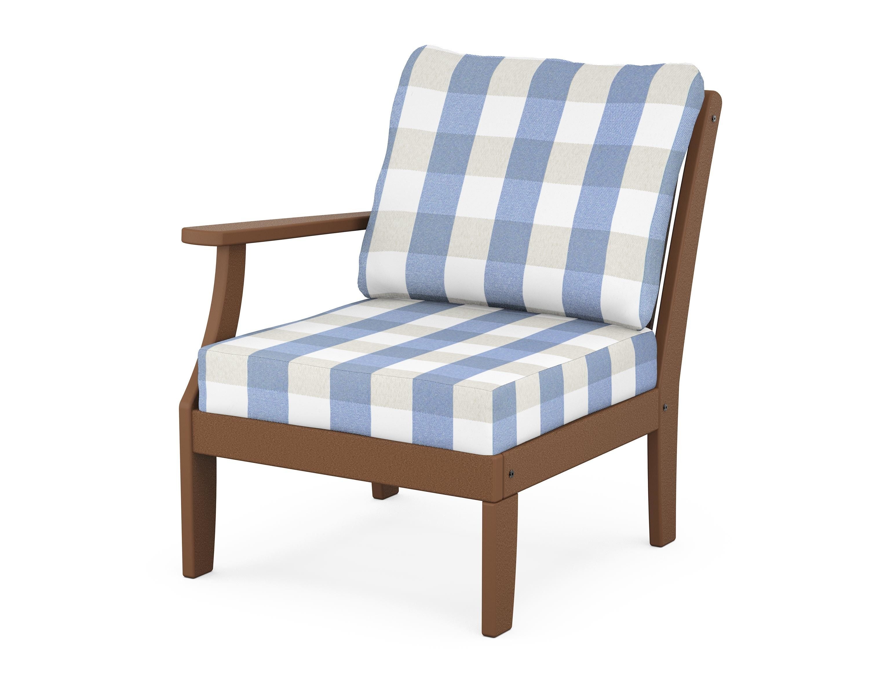 POLYWOOD® Braxton Modular Left Arm Chair in Teak / Buffalo Plaid Sky Blue