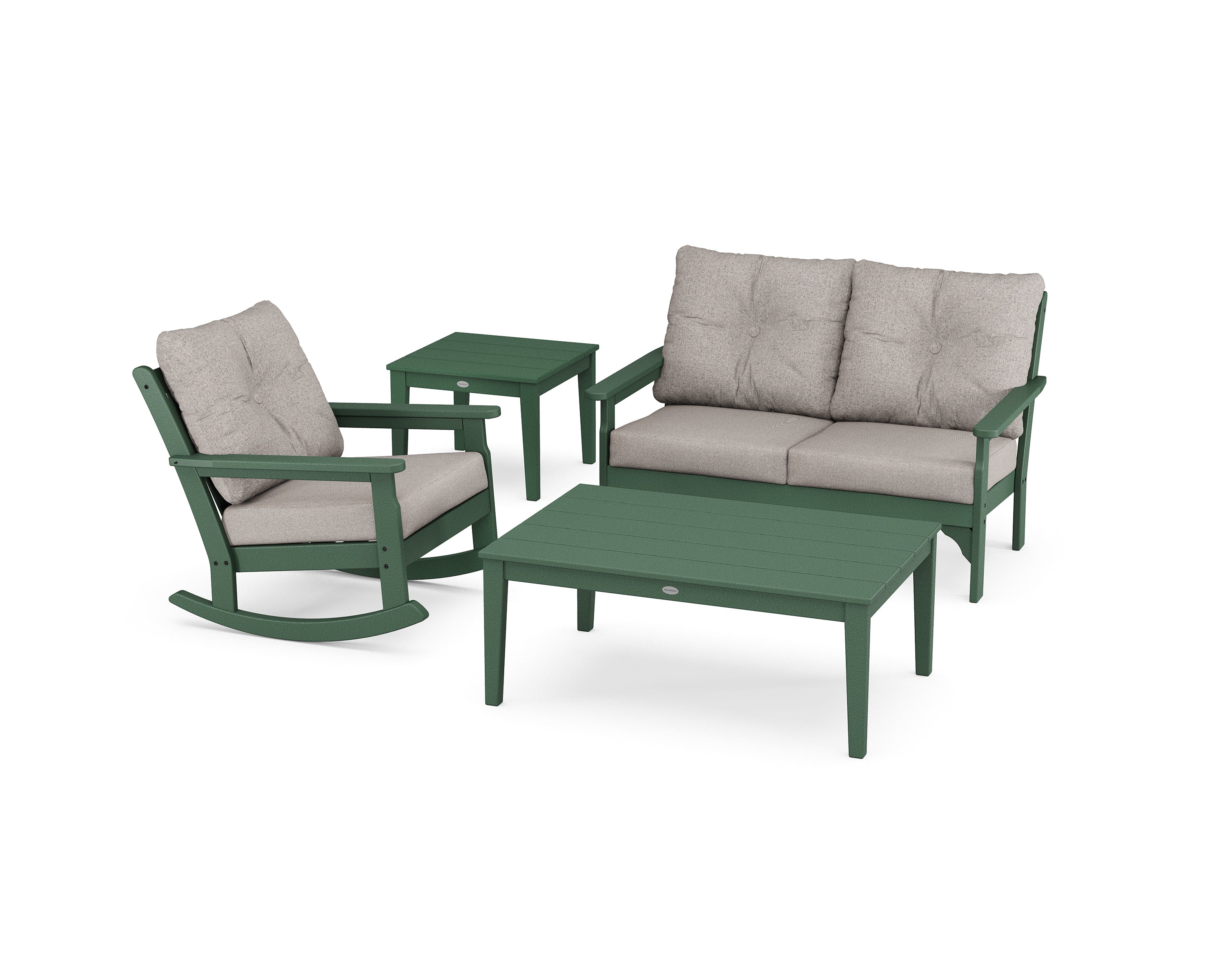 POLYWOOD® Vineyard 4-Piece Deep Seating Rocker Set in Green / Weathered Tweed