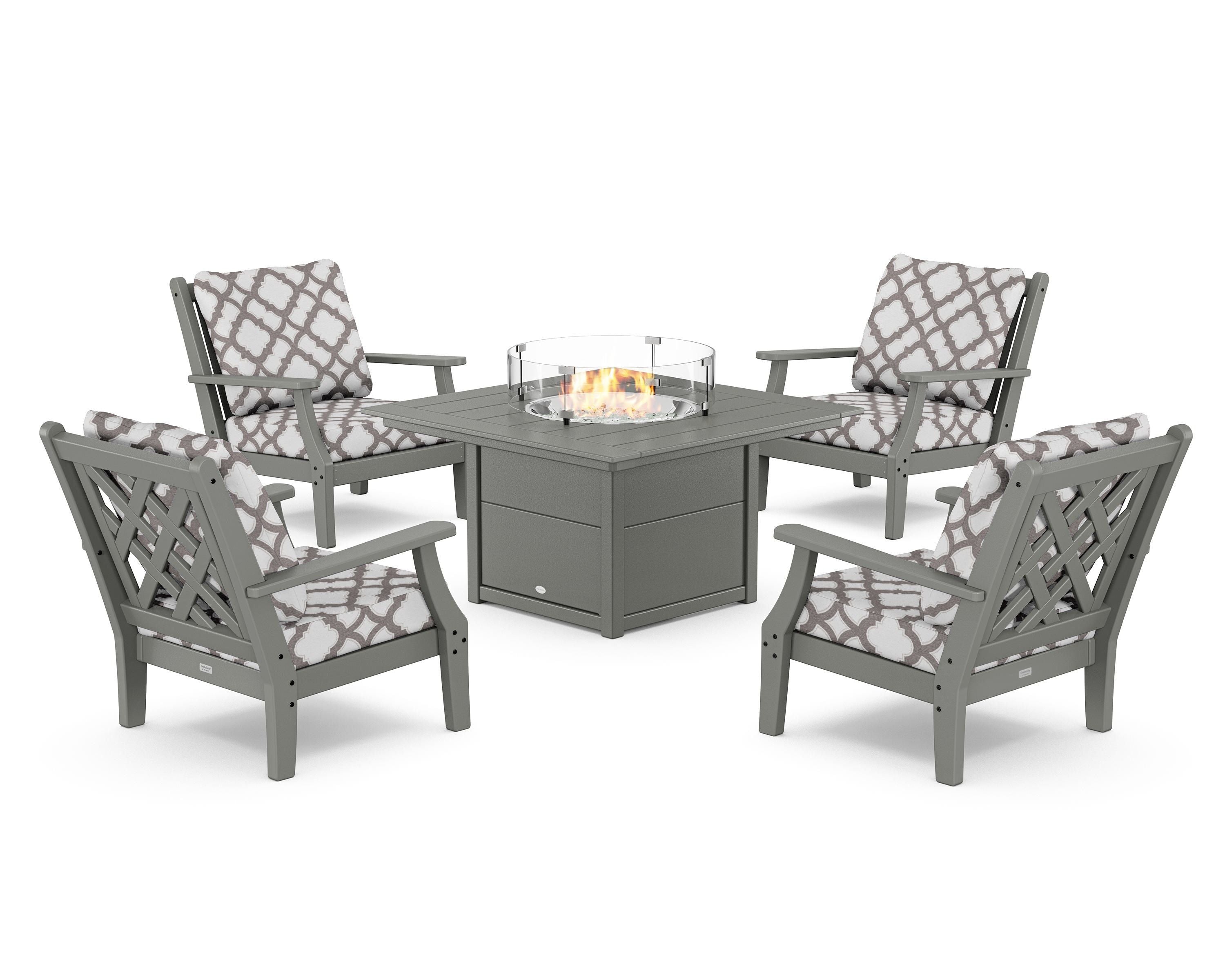 Country Living Wovendale 5-Piece Deep Seating Set with Fire Pit Table in Slate Grey / Trellis Grey Mist