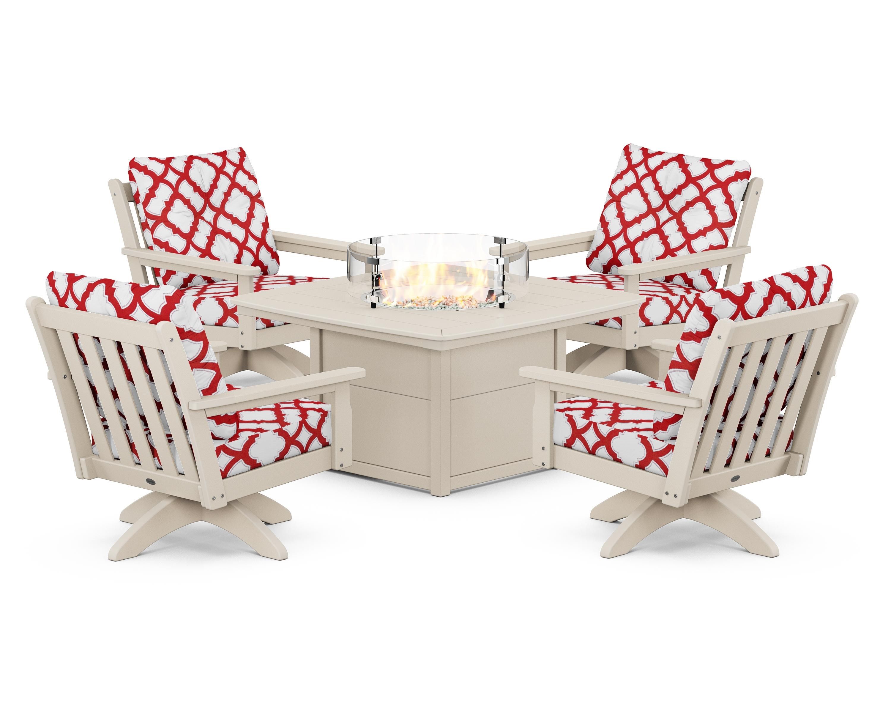 POLYWOOD® Vineyard 5-Piece Deep Seating Swivel Conversation Set with Fire Pit Table in Sand / Trellis Crimson