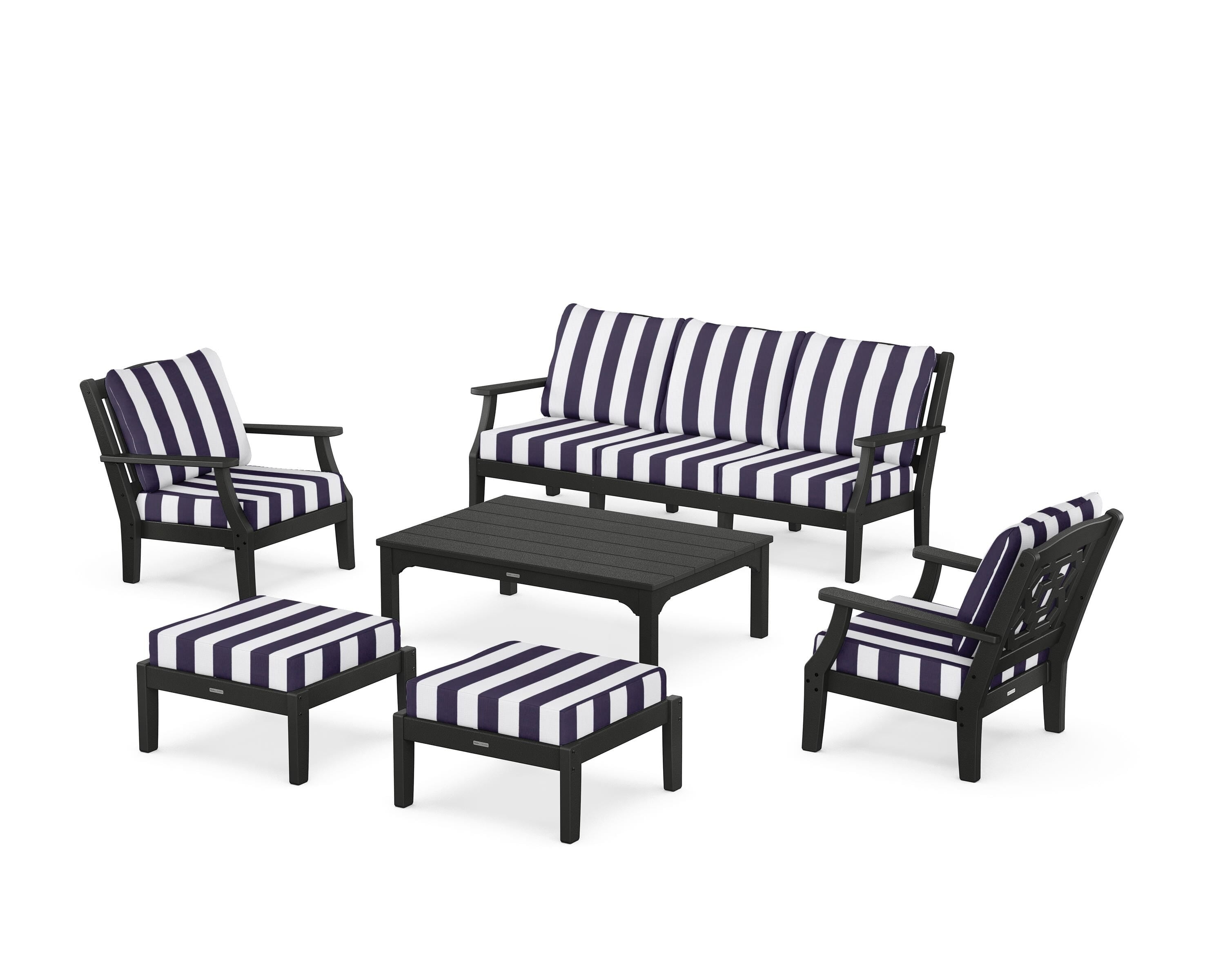 Martha Stewart by POLYWOOD® Chinoiserie 6-Piece Lounge Sofa Set in Black / Cabana Stripe Navy