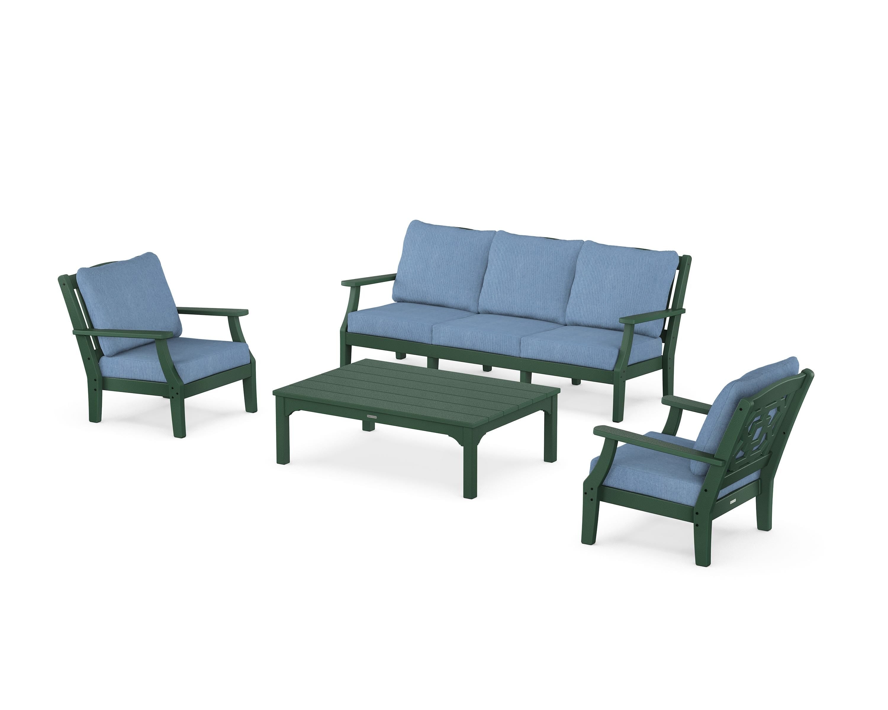 Martha Stewart by POLYWOOD® Chinoiserie 4-Piece Deep Seating Set with Sofa in Green / Sky Blue