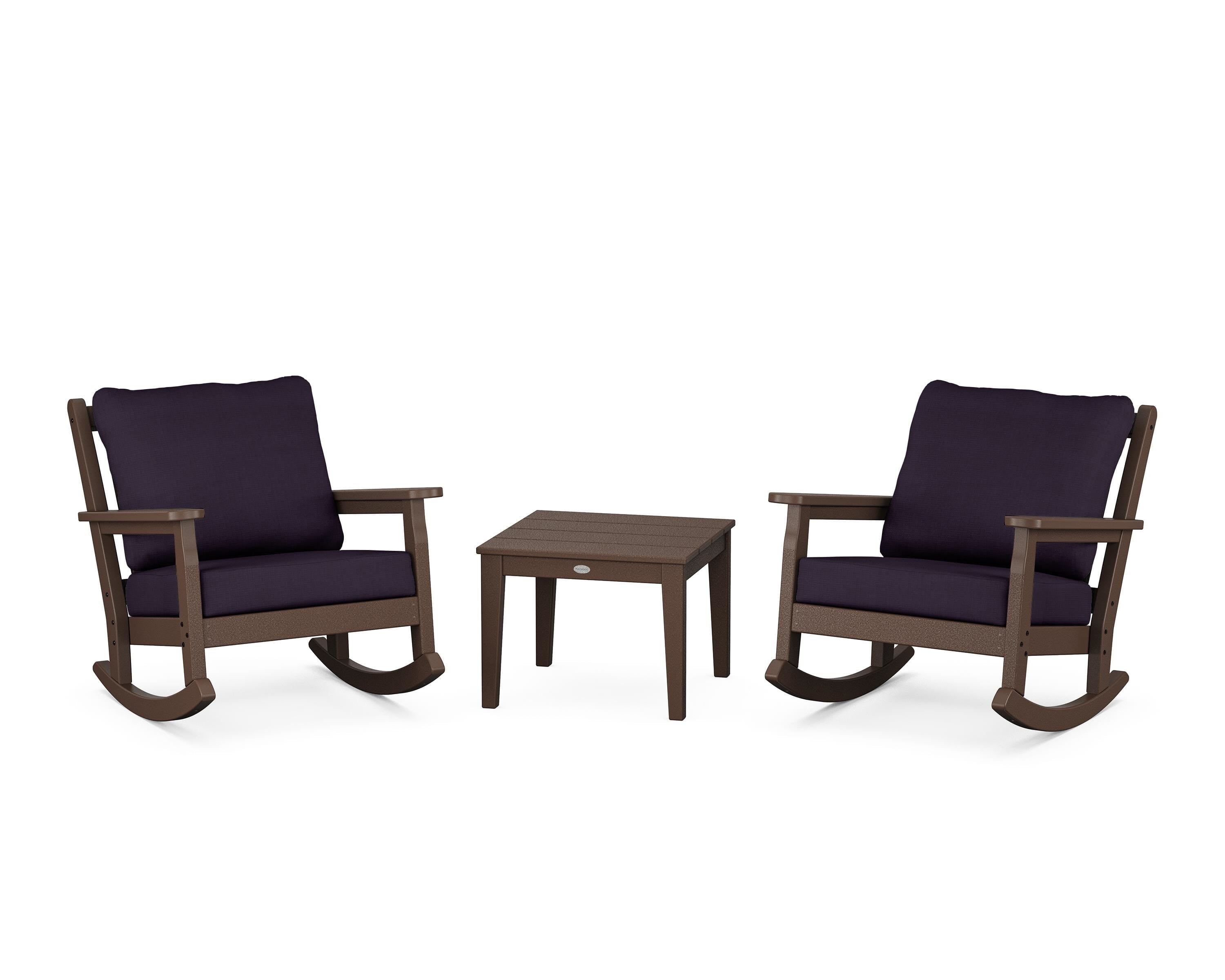 POLYWOOD® Chippendale 3-Piece Deep Seating Rocker Set in Mahogany / Navy Linen