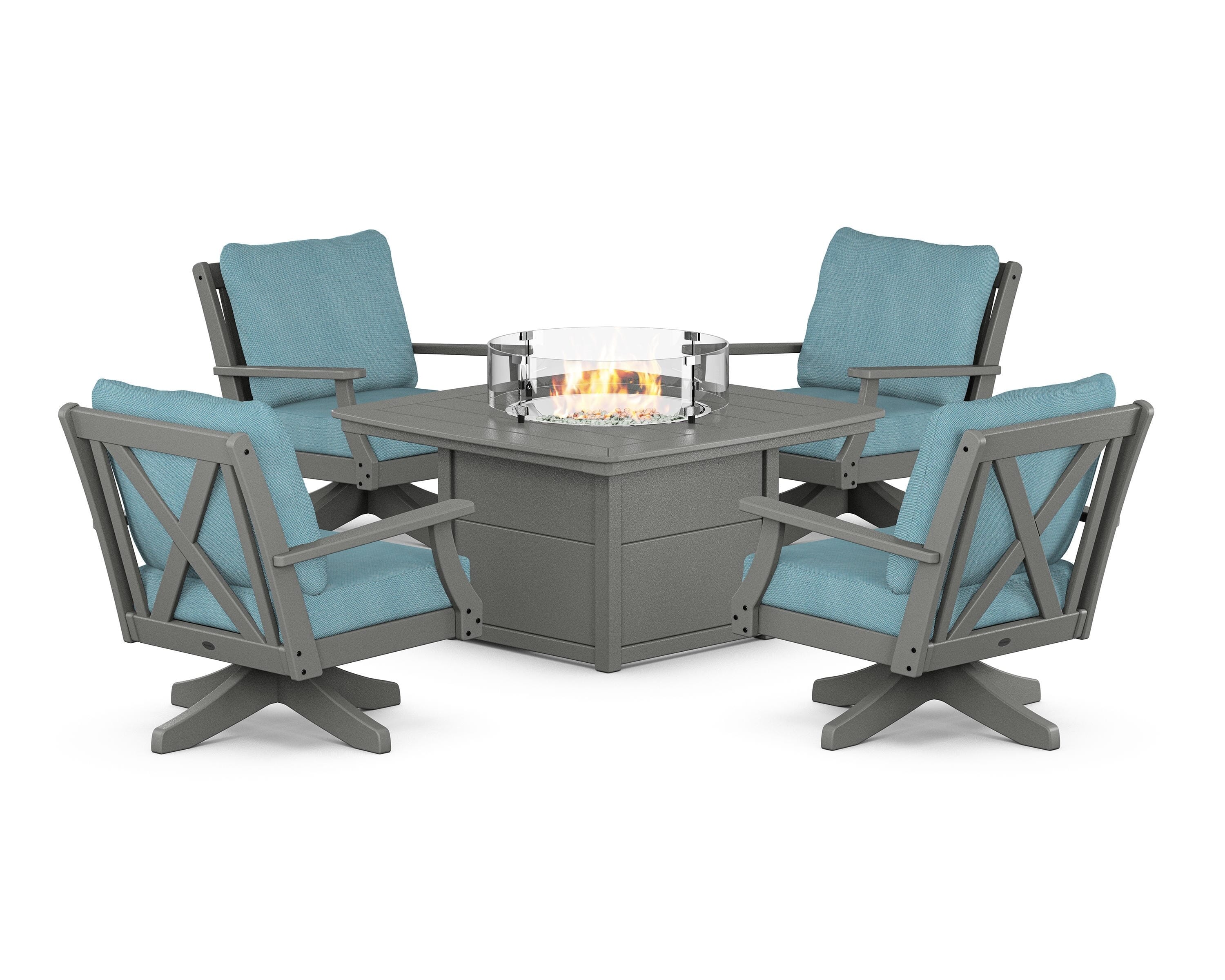 POLYWOOD® Braxton 5-Piece Deep Seating Swivel Conversation Set with Fire Pit Table in Slate Grey / Lattice Sky Blue