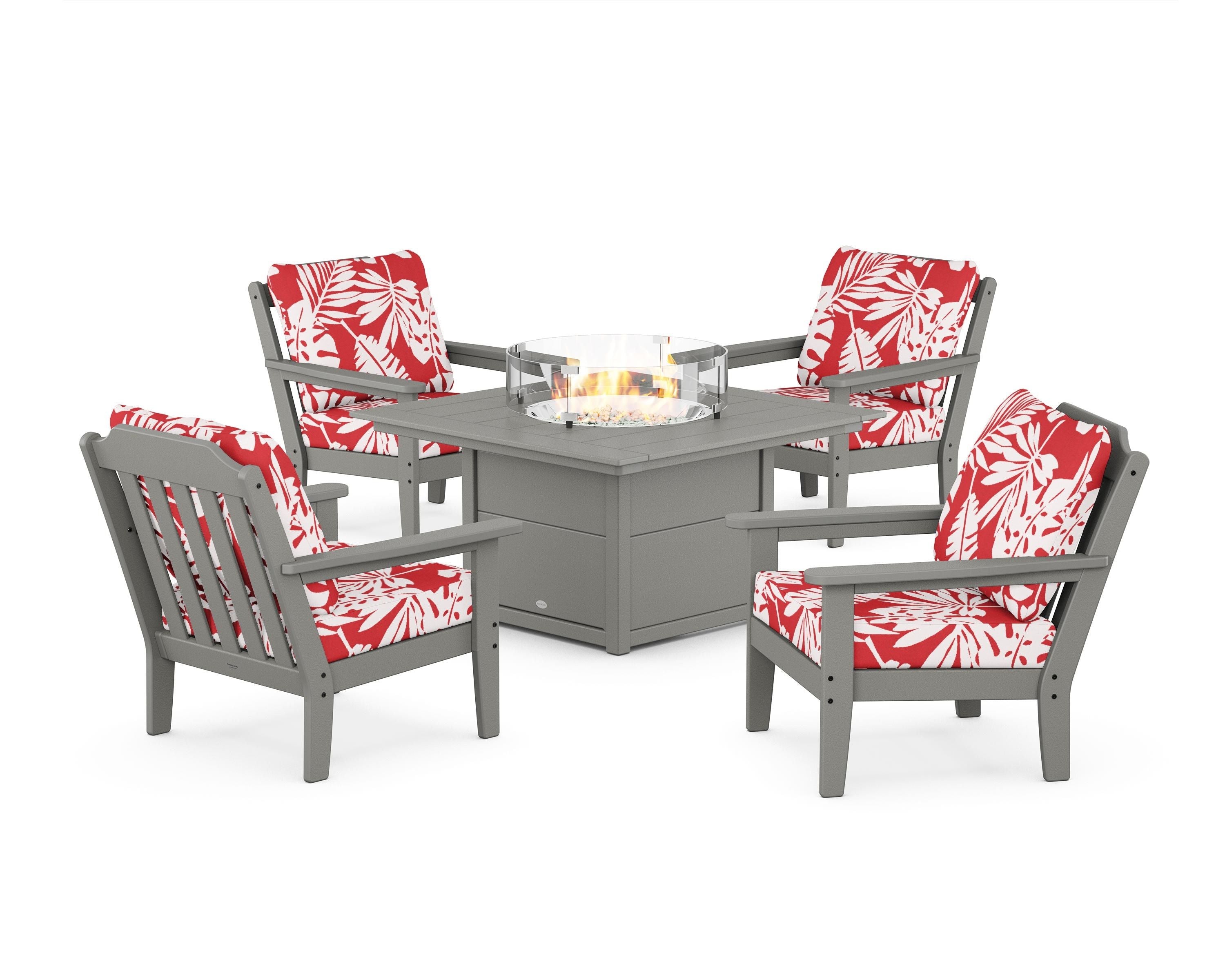 Country Living Cottage 5-Piece Deep Seating Set with Fire Pit Table in Slate Grey / Leaf Crimson