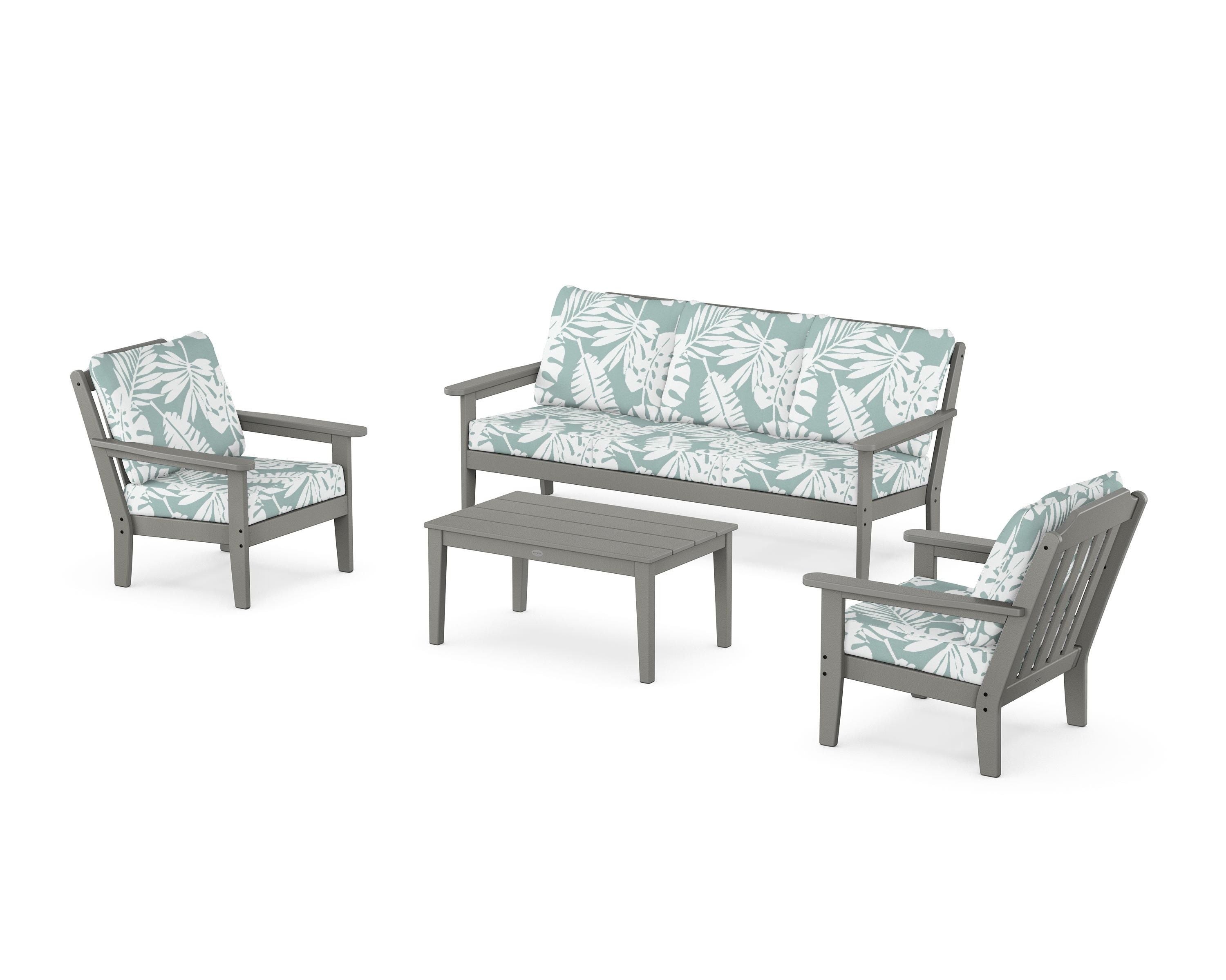 Country Living Cottage 4-Piece Deep Seating Set with Sofa in Slate Grey / Leaf Glacier Spa
