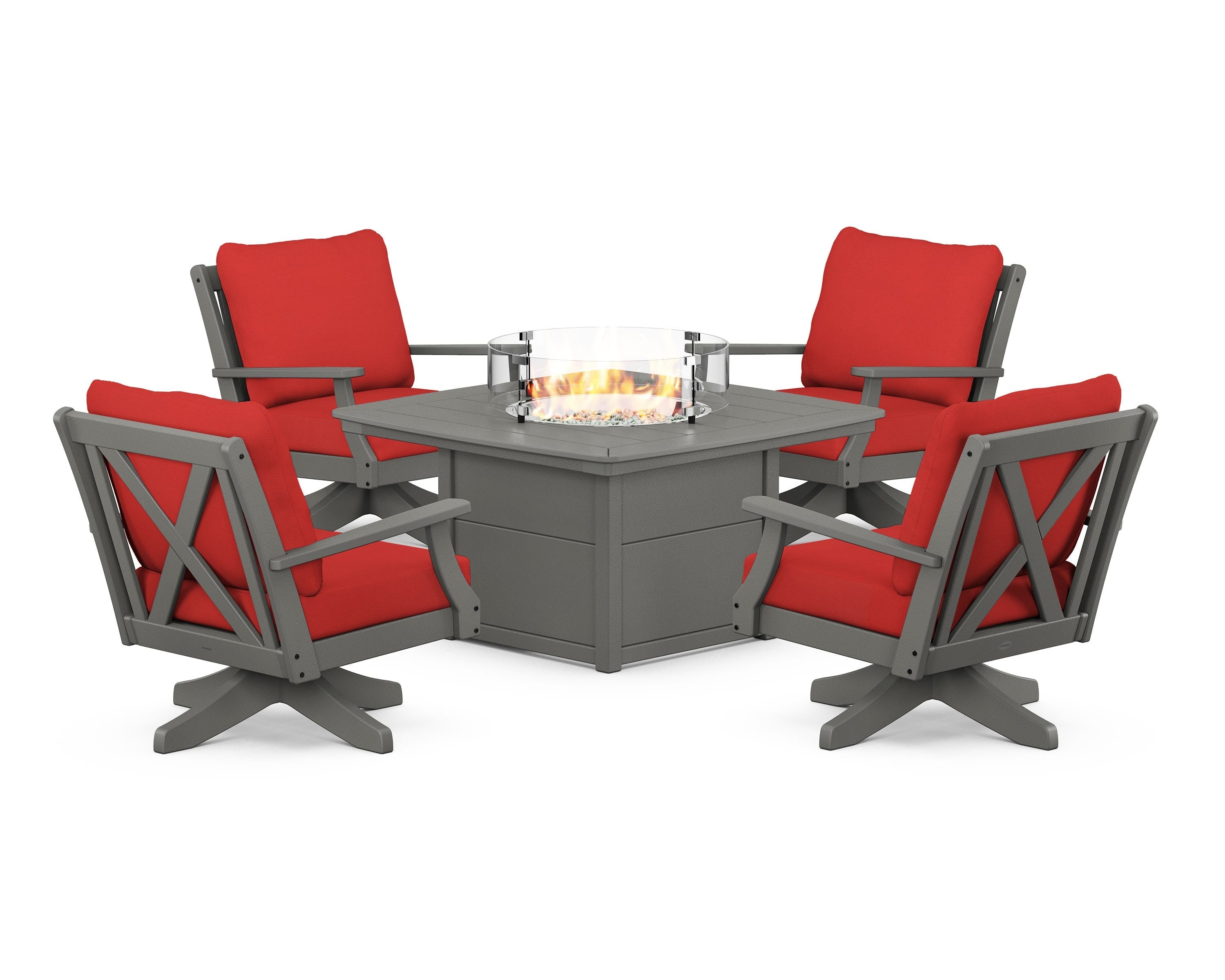 POLYWOOD® Braxton 5-Piece Deep Seating Swivel Conversation Set with Fire Pit Table in Slate Grey / Crimson Linen