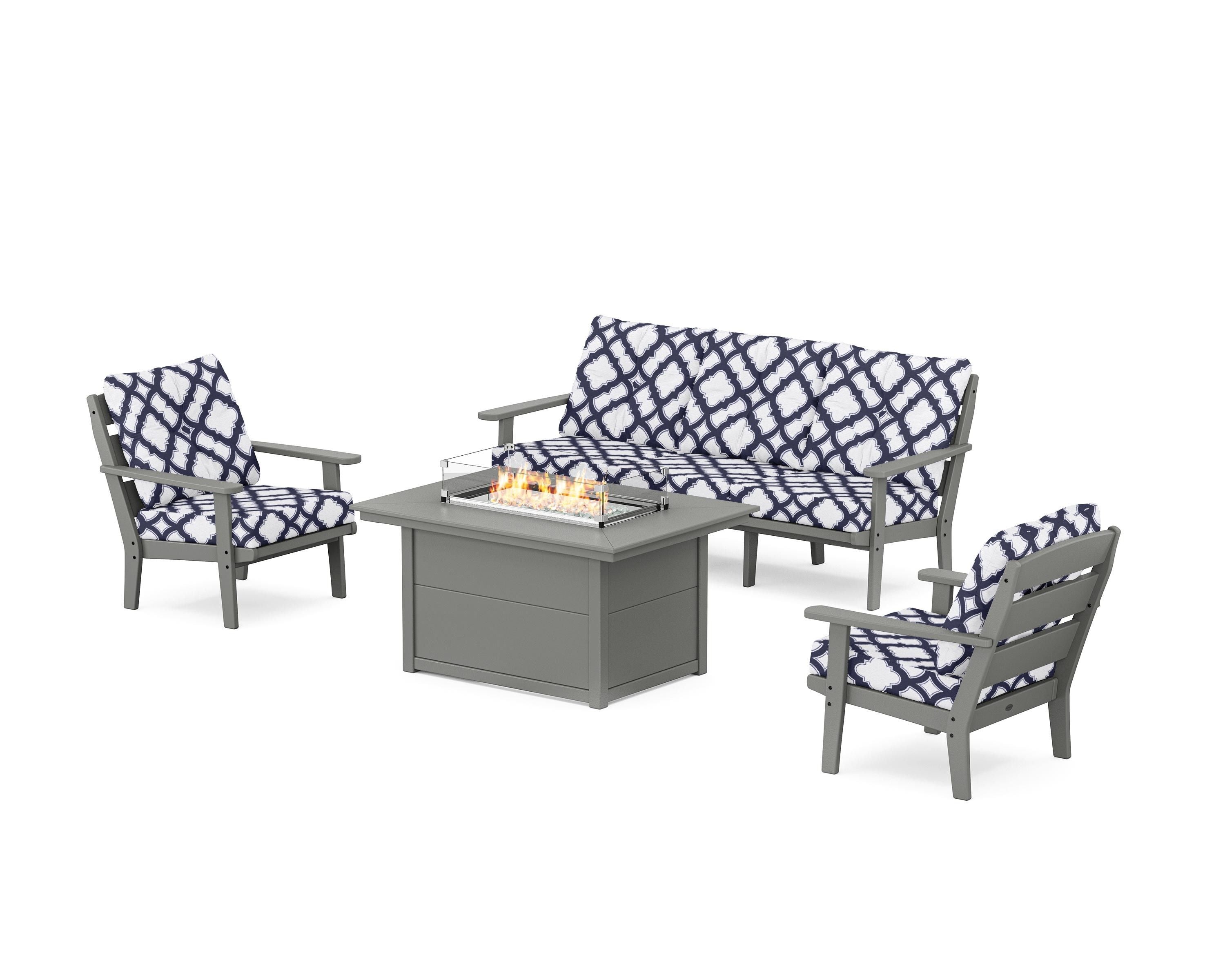 POLYWOOD® Lakeside Deep Seating Fire Pit Table Set in Slate Grey / Trellis Navy