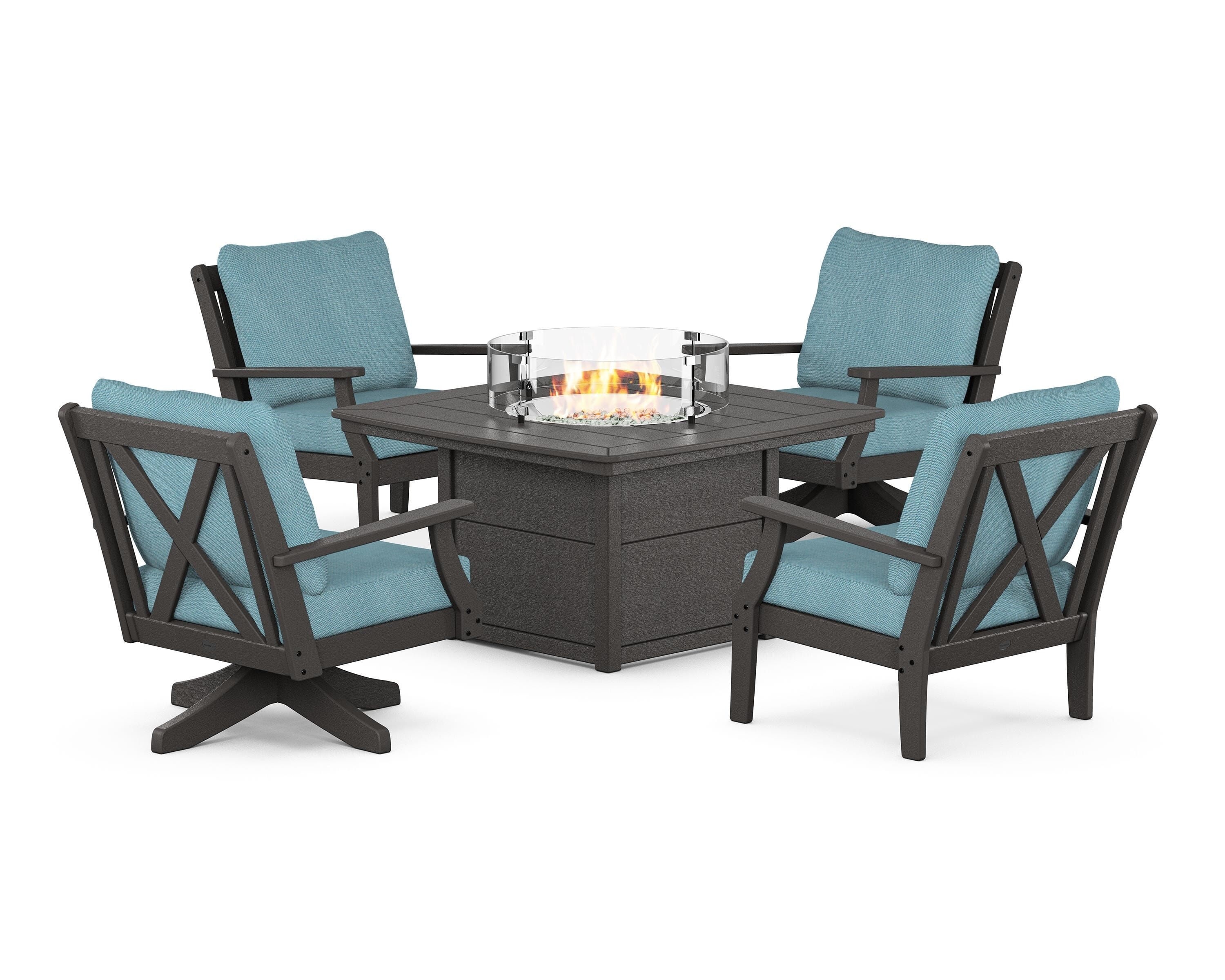 POLYWOOD® Braxton 5-Piece Deep Seating Set with Fire Table in Vintage Coffee / Lattice Sky Blue