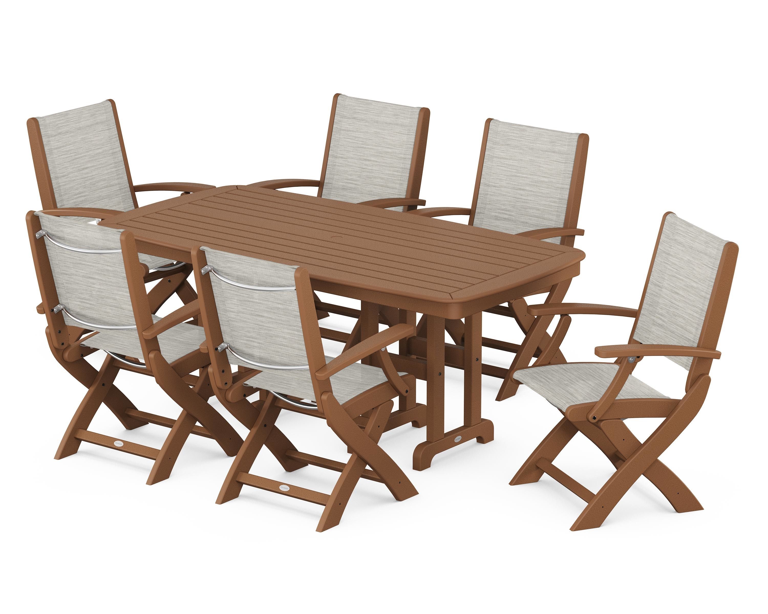 POLYWOOD® Coastal Folding Arm Chair 7-Piece Dining Set in Teak / Birch Sling
