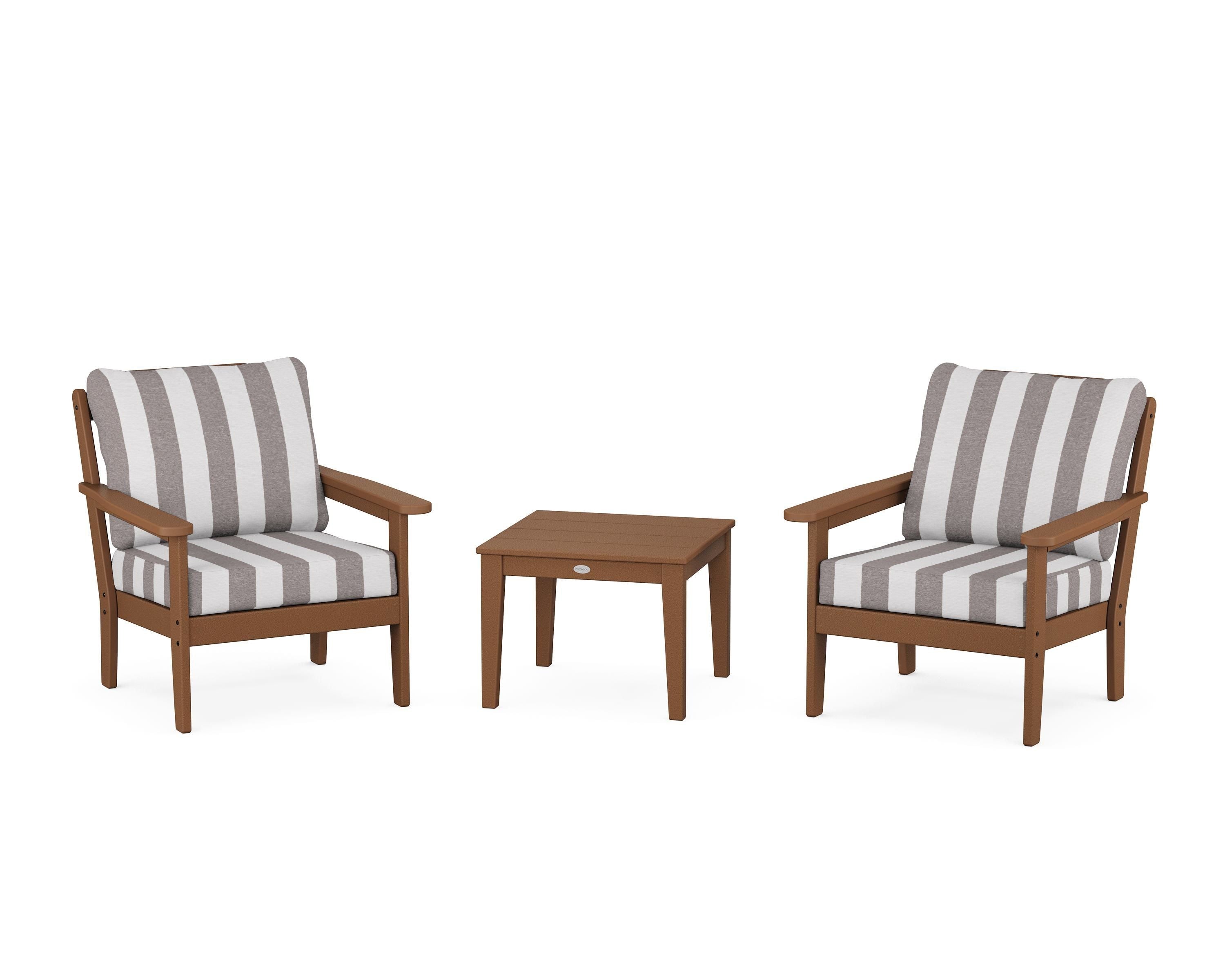 Country Living Cottage 3-Piece Deep Seating Set in Teak / Cabana Stripe Grey Mist
