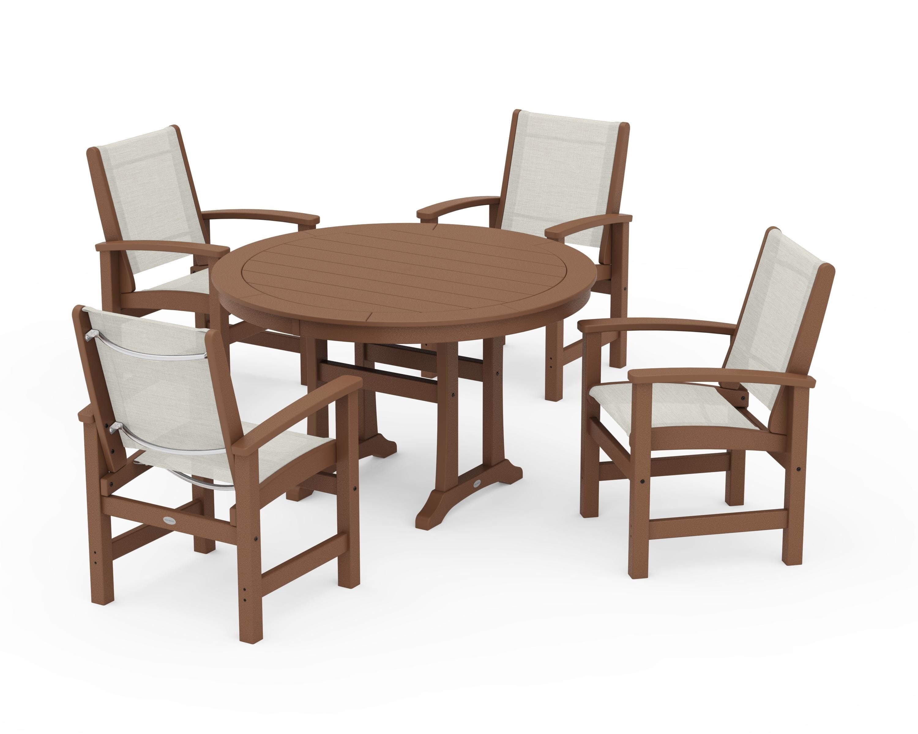 POLYWOOD® Coastal 5-Piece Round Dining Set with Trestle Legs in Teak / Parchment Sling