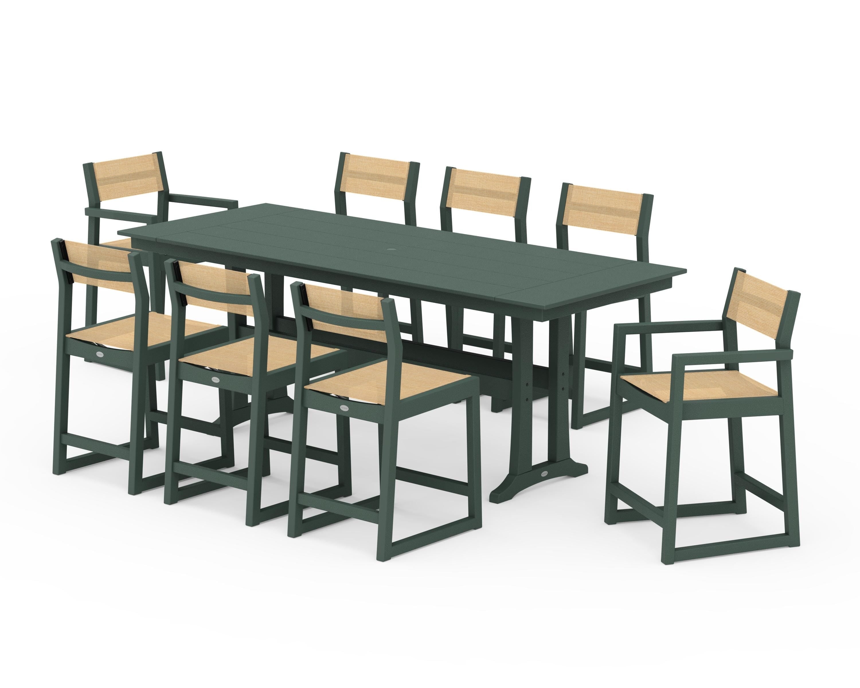 POLYWOOD® EDGE Sling 9-Piece Farmhouse Counter Set with Trestle Legs in Green / Dupioni Apricot Sling