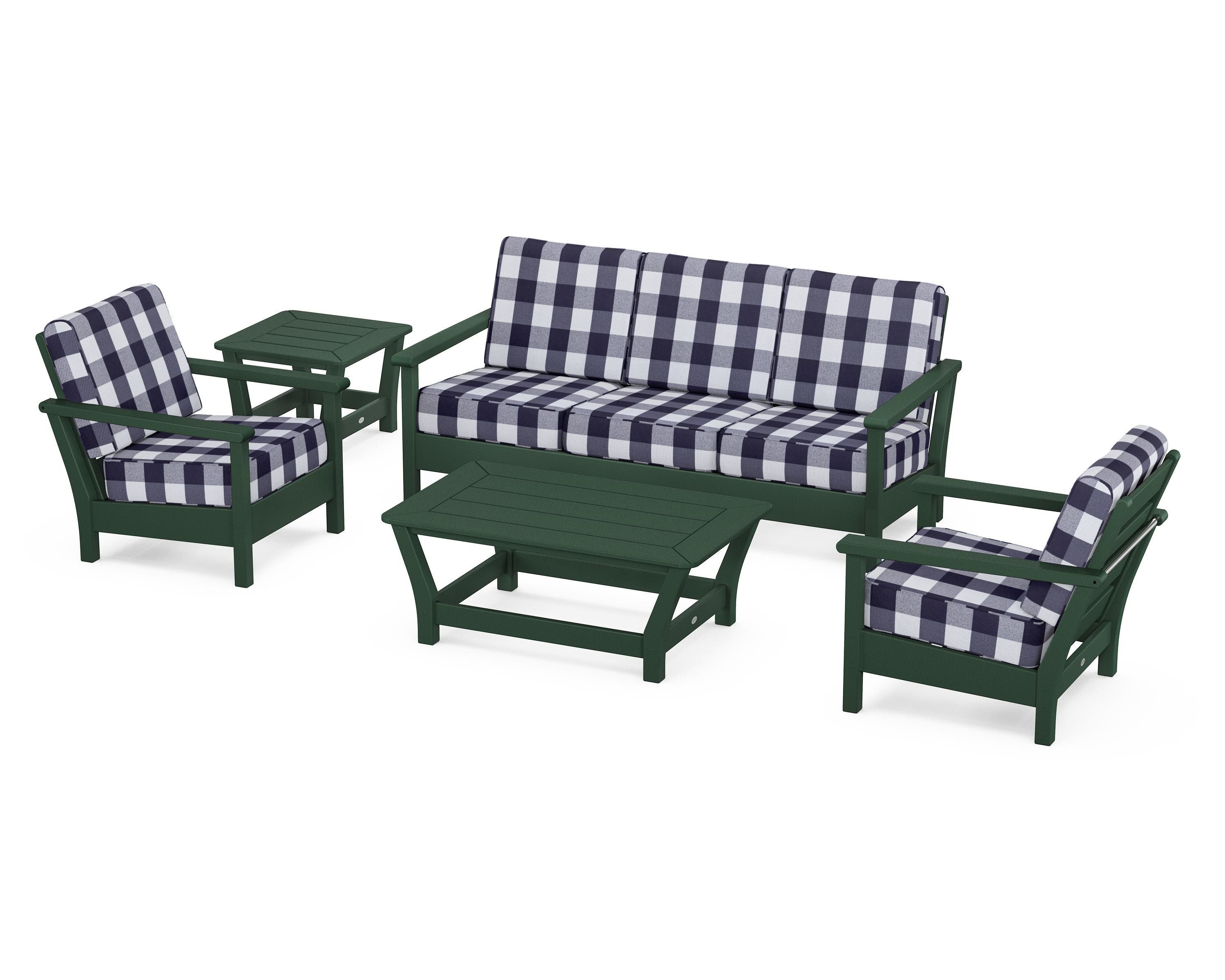 POLYWOOD® Harbour 5-Piece Deep Seating Set in Green / Buffalo Plaid Navy
