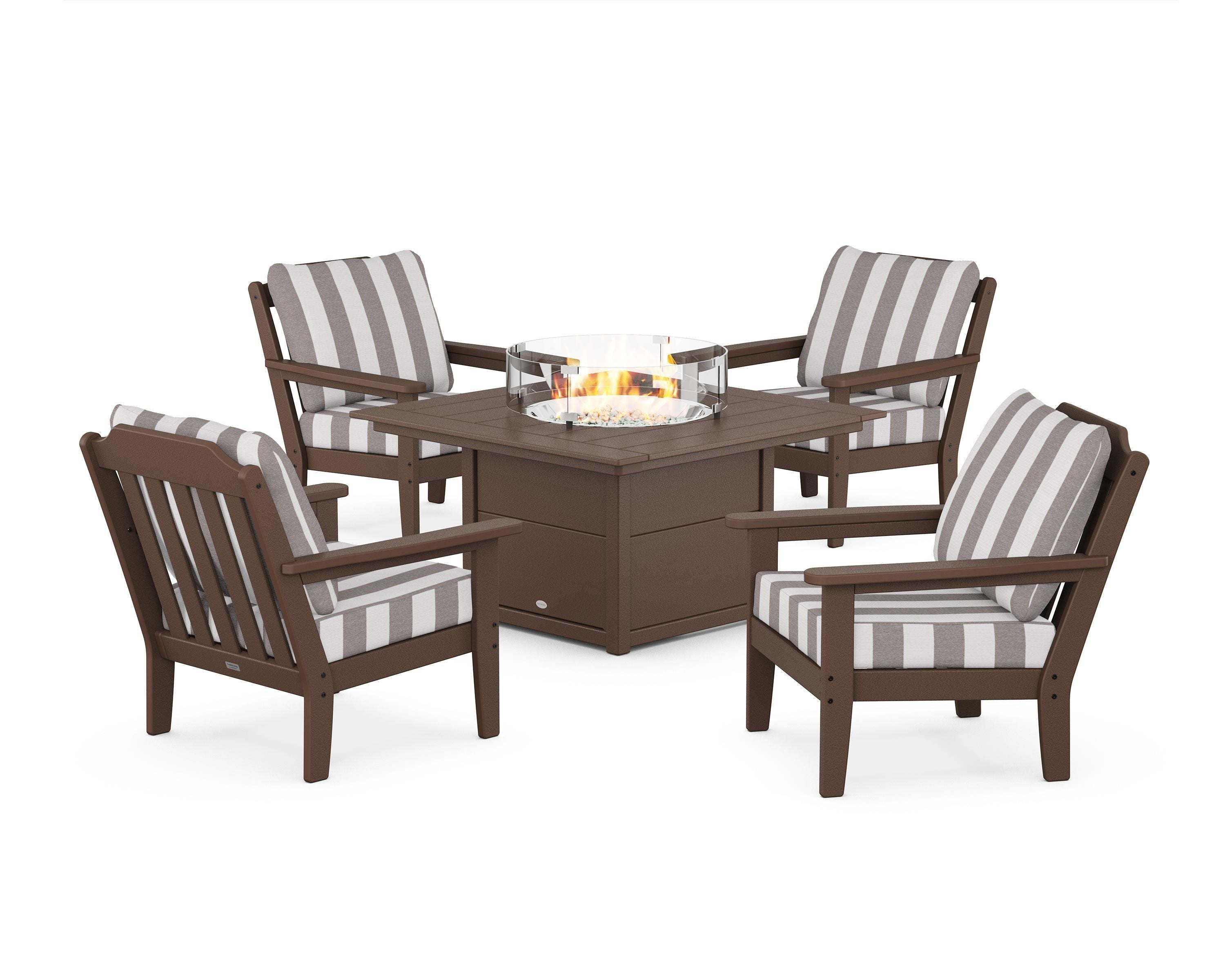 Country Living Cottage 5-Piece Deep Seating Set with Fire Pit Table in Mahogany / Cabana Stripe Grey Mist