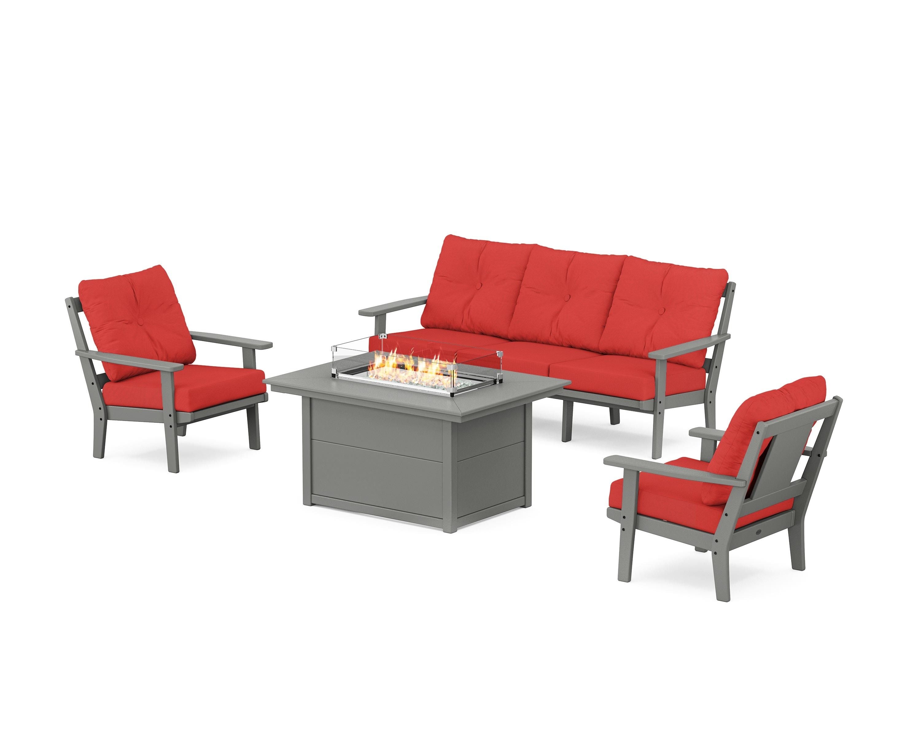 POLYWOOD® Prairie Deep Seating Fire Pit Table Set in Slate Grey / Crimson Linen