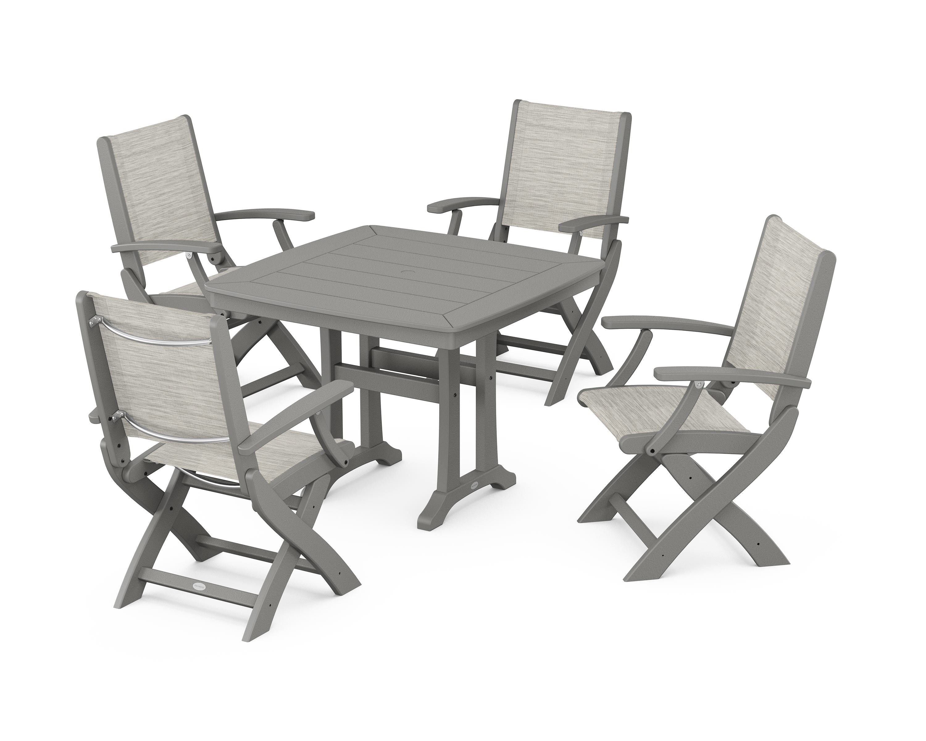 POLYWOOD® Coastal Folding Chair 5-Piece Dining Set with Trestle Legs in Slate Grey / Birch Sling