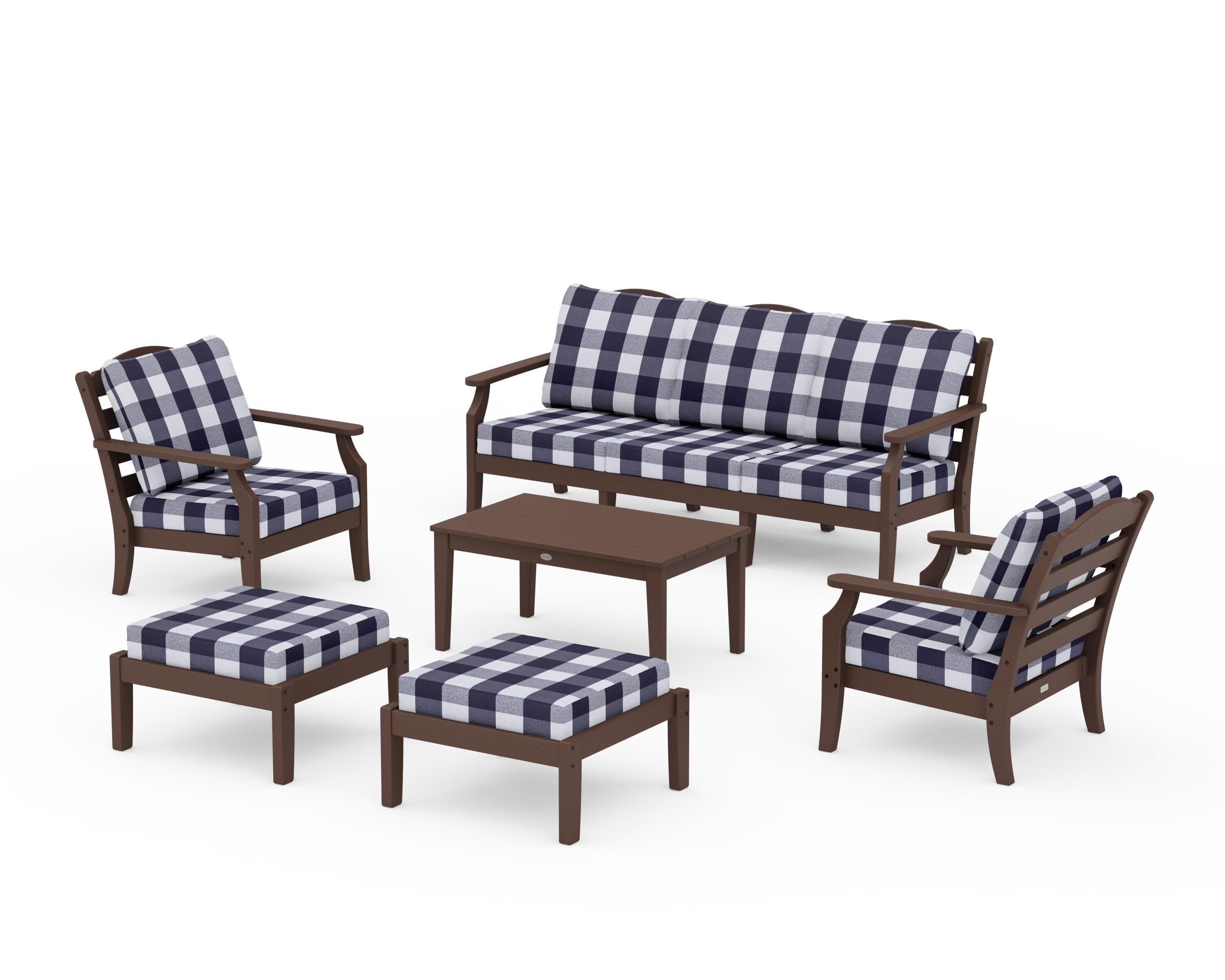 Draper James™ by POLYWOOD® Savannah 6-Piece Lounge Sofa Set in Mahogany / Buffalo Plaid Navy