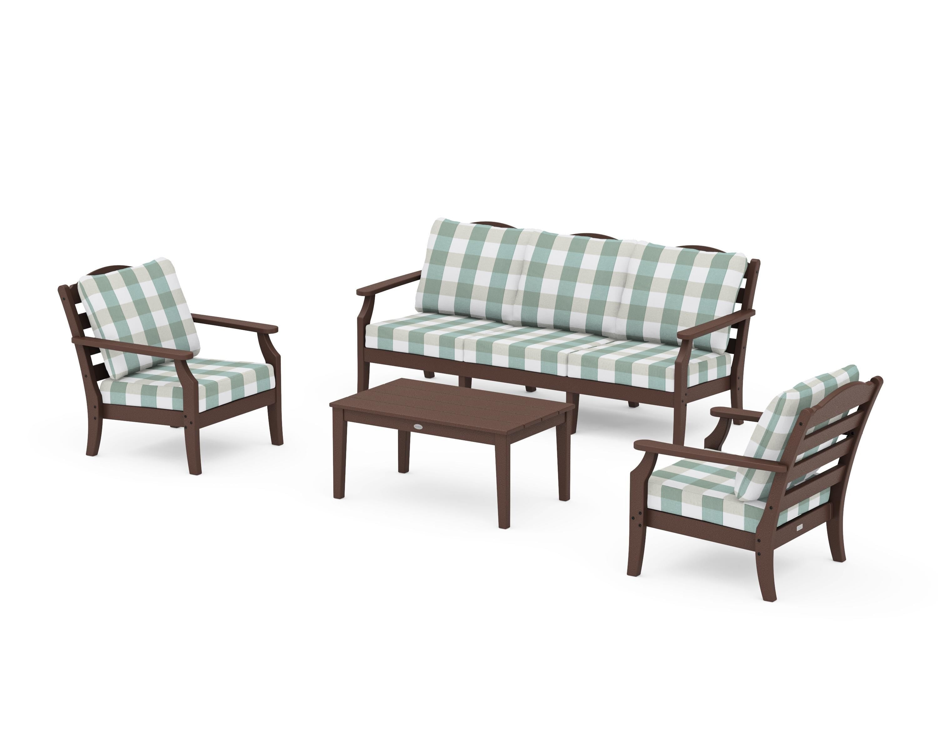 Draper James™ by POLYWOOD® Savannah 4-Piece Deep Seating Set with Sofa in Mahogany / Buffalo Plaid Glacier Spa