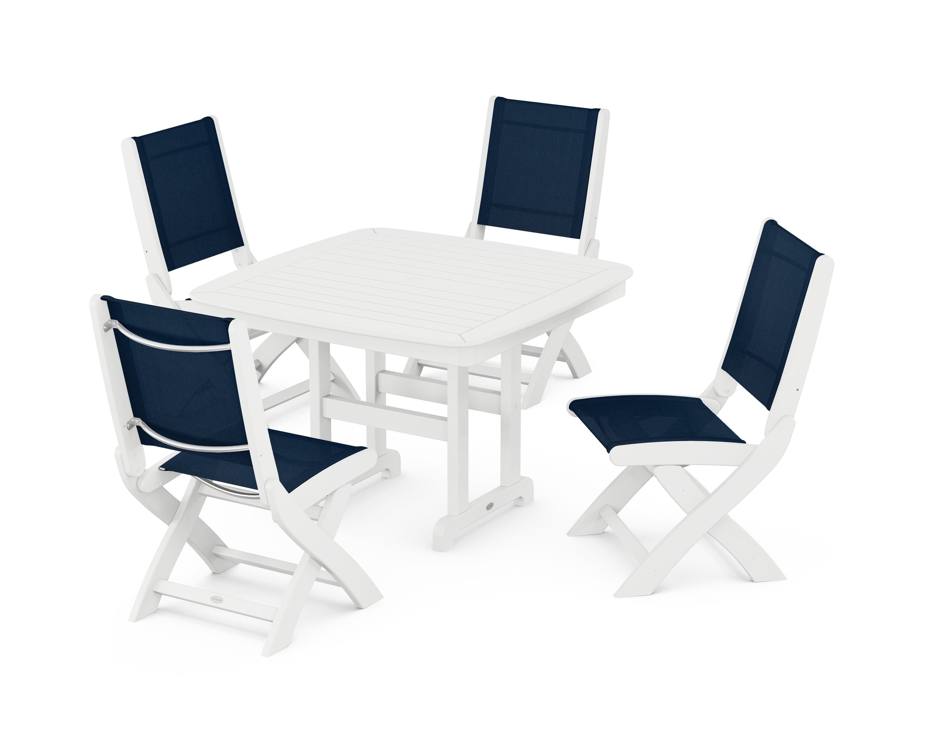 POLYWOOD® Coastal Folding Side Chair 5-Piece Dining Set in White / Navy Blue Sling