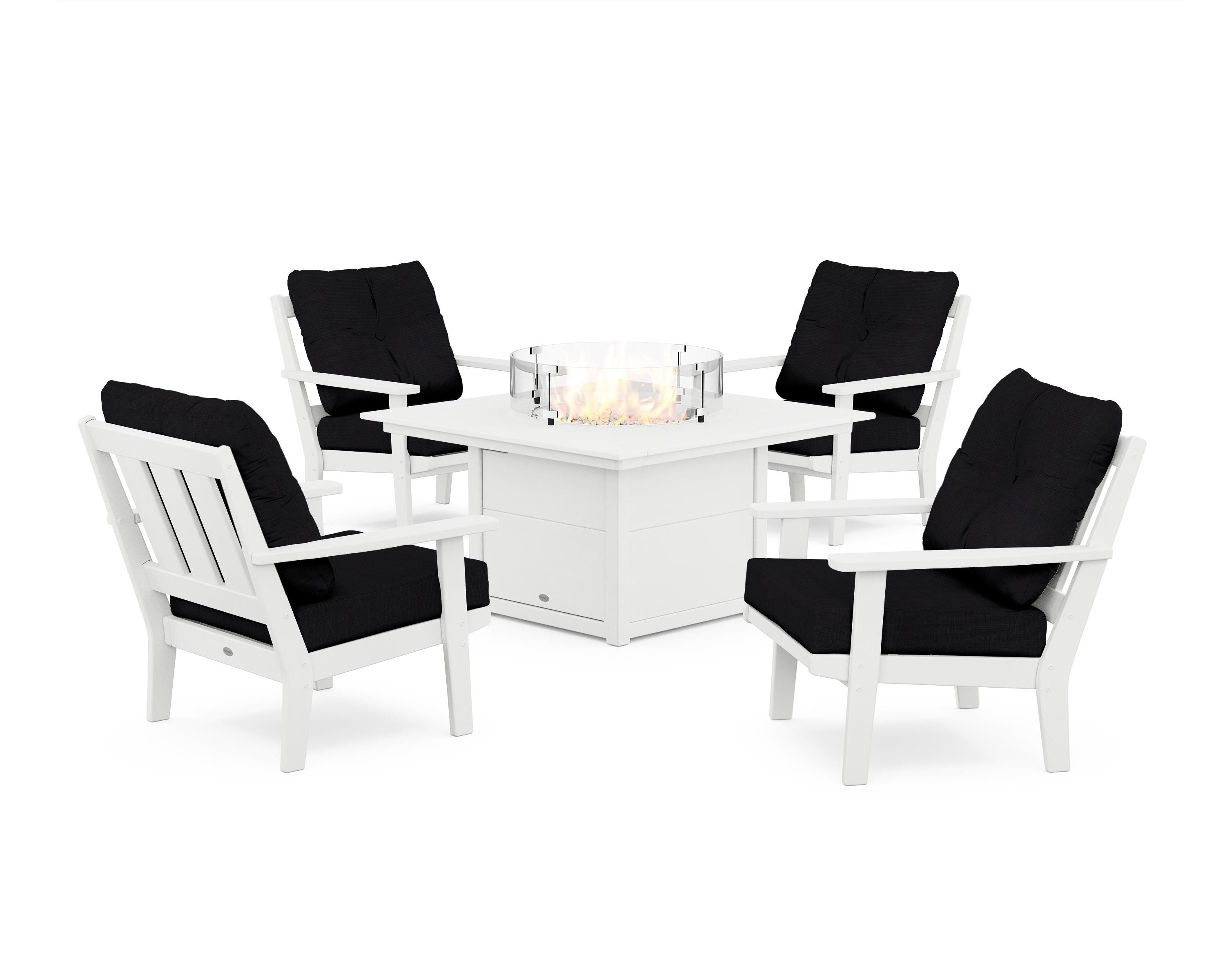 POLYWOOD® Oxford 5-Piece Deep Seating Set with Fire Pit Table in White / Midnight Linen