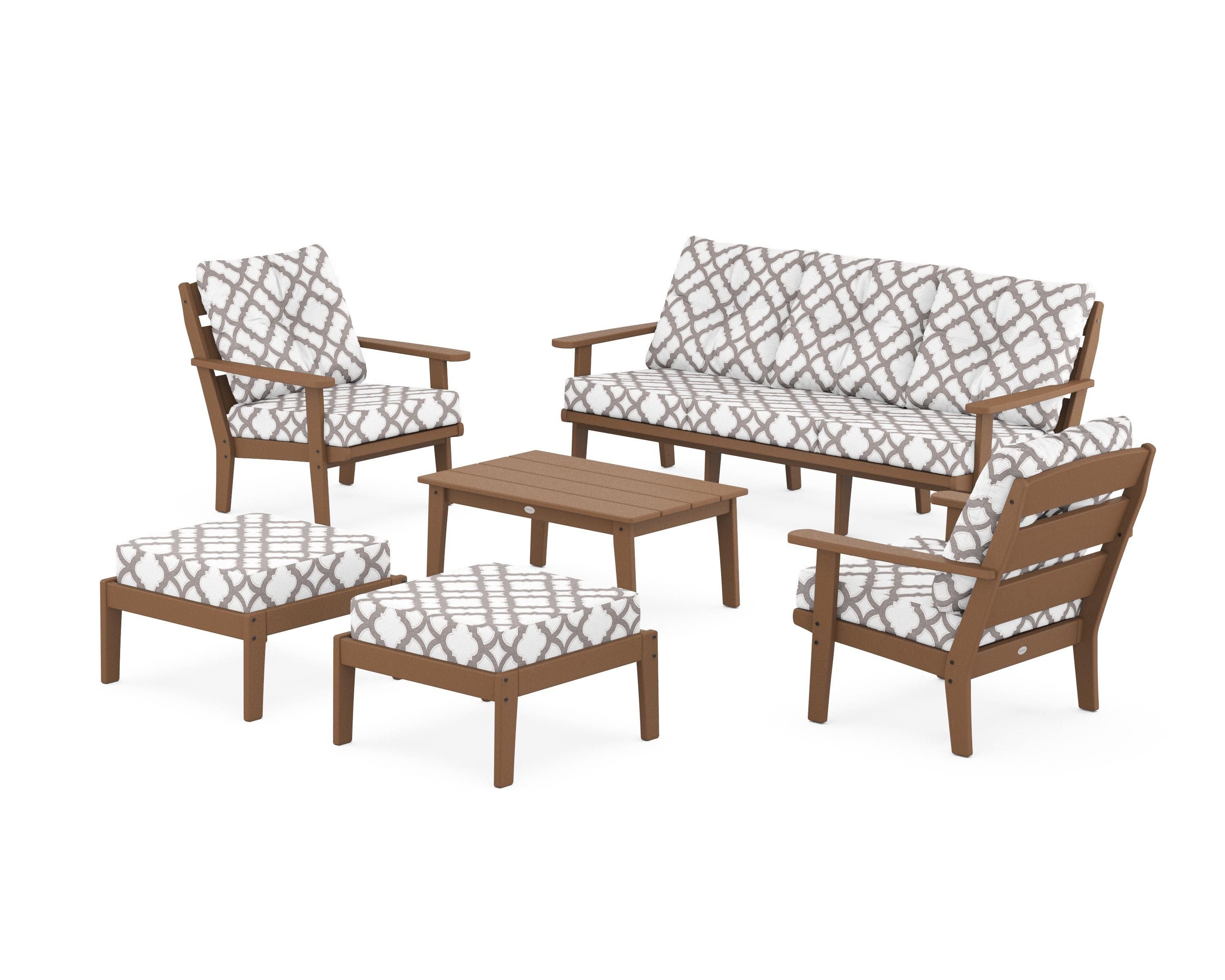 POLYWOOD® Lakeside 6-Piece Lounge Sofa Set in Teak / Trellis Grey Mist