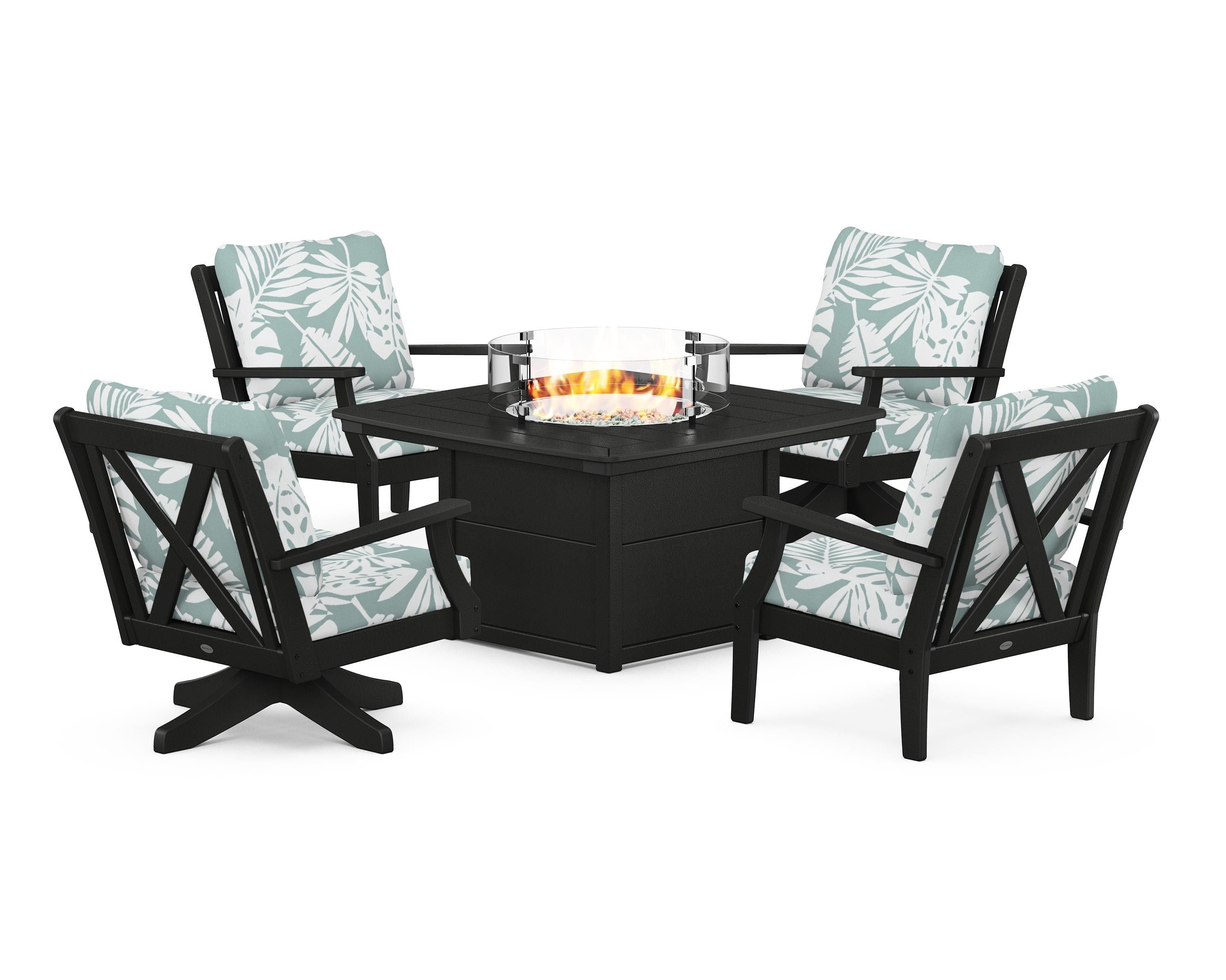 POLYWOOD® Braxton 5-Piece Deep Seating Set with Fire Table in Black / Leaf Glacier Spa