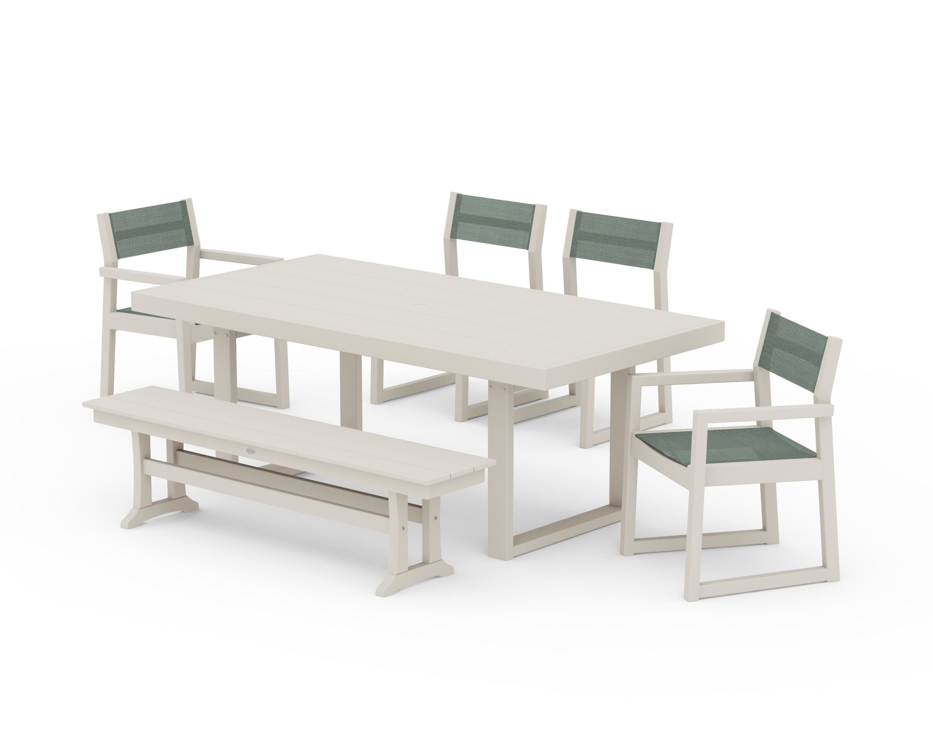 POLYWOOD® EDGE Sling 6-Piece Dining Set with Bench in Sand / Dupioni Sea Mist Sling