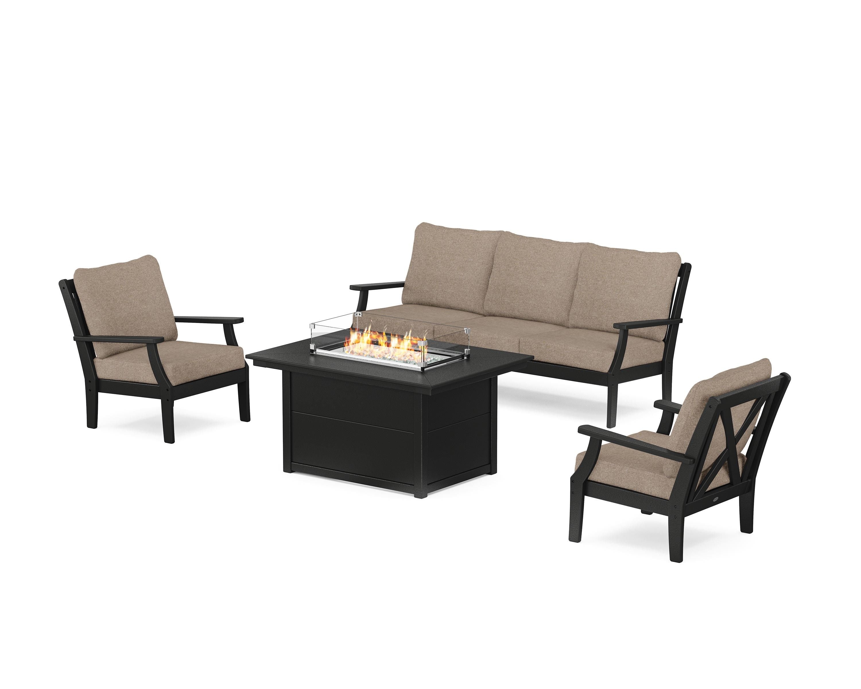POLYWOOD® Braxton Deep Seating Fire Pit Table Set in Black / Spiced Burlap