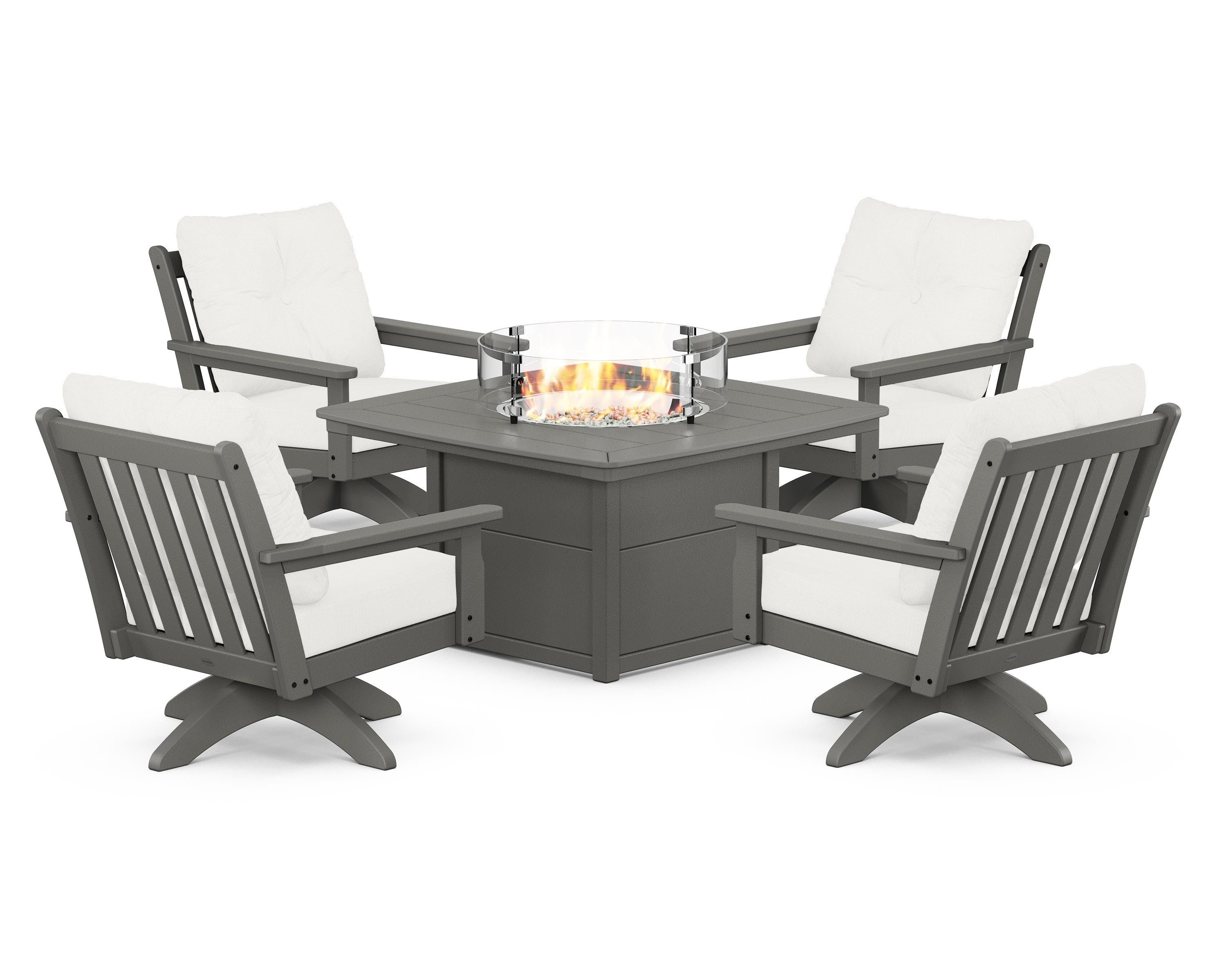 POLYWOOD® Vineyard 5-Piece Deep Seating Swivel Conversation Set with Fire Pit Table in Slate Grey / Natural Linen