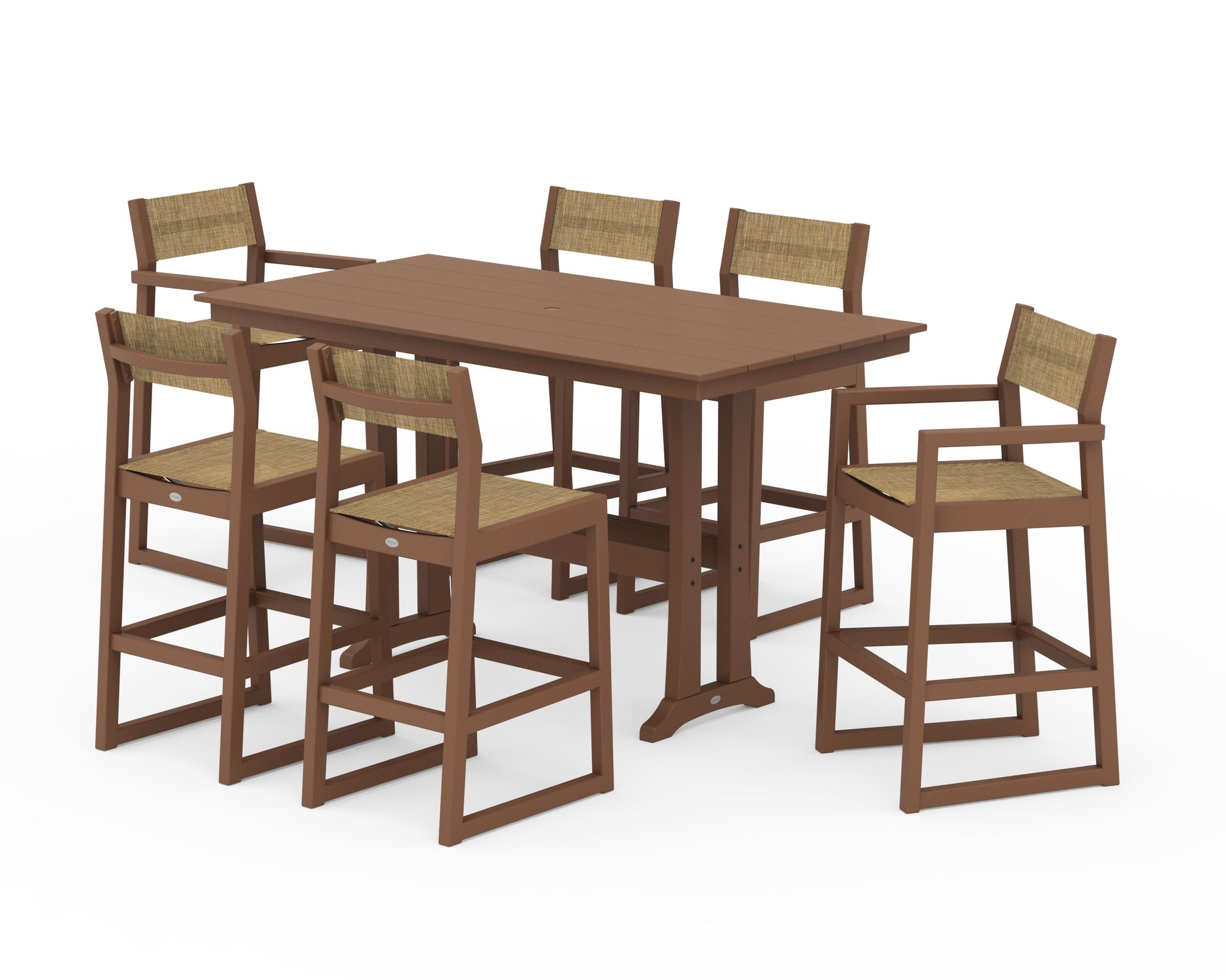 POLYWOOD® EDGE Sling 7-Piece Farmhouse Bar Set with Trestle Legs in Teak / Burlap Sling