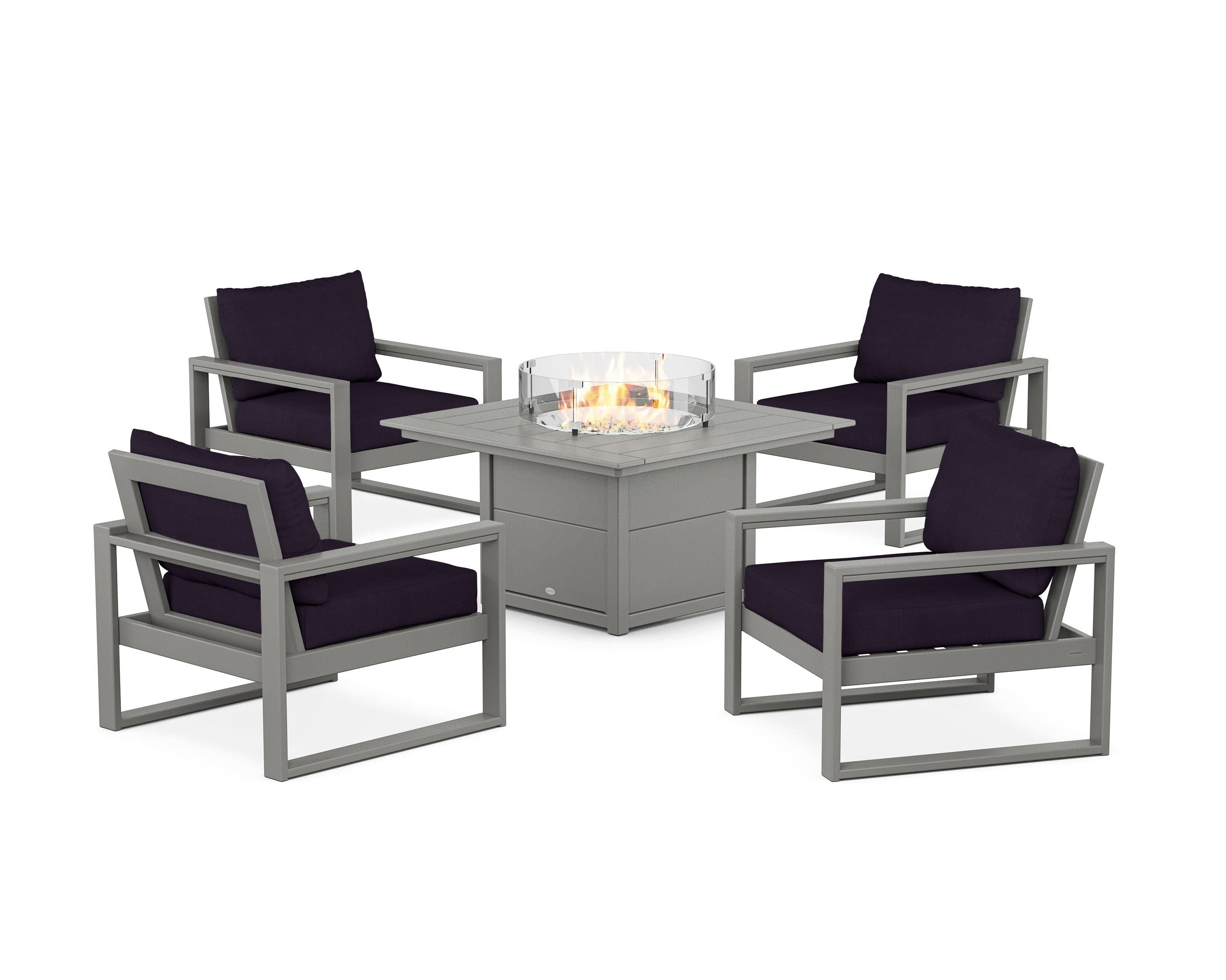 POLYWOOD® EDGE Sectional 5-Piece Deep Seating Set with Fire Pit Table in Slate Grey / Navy Linen