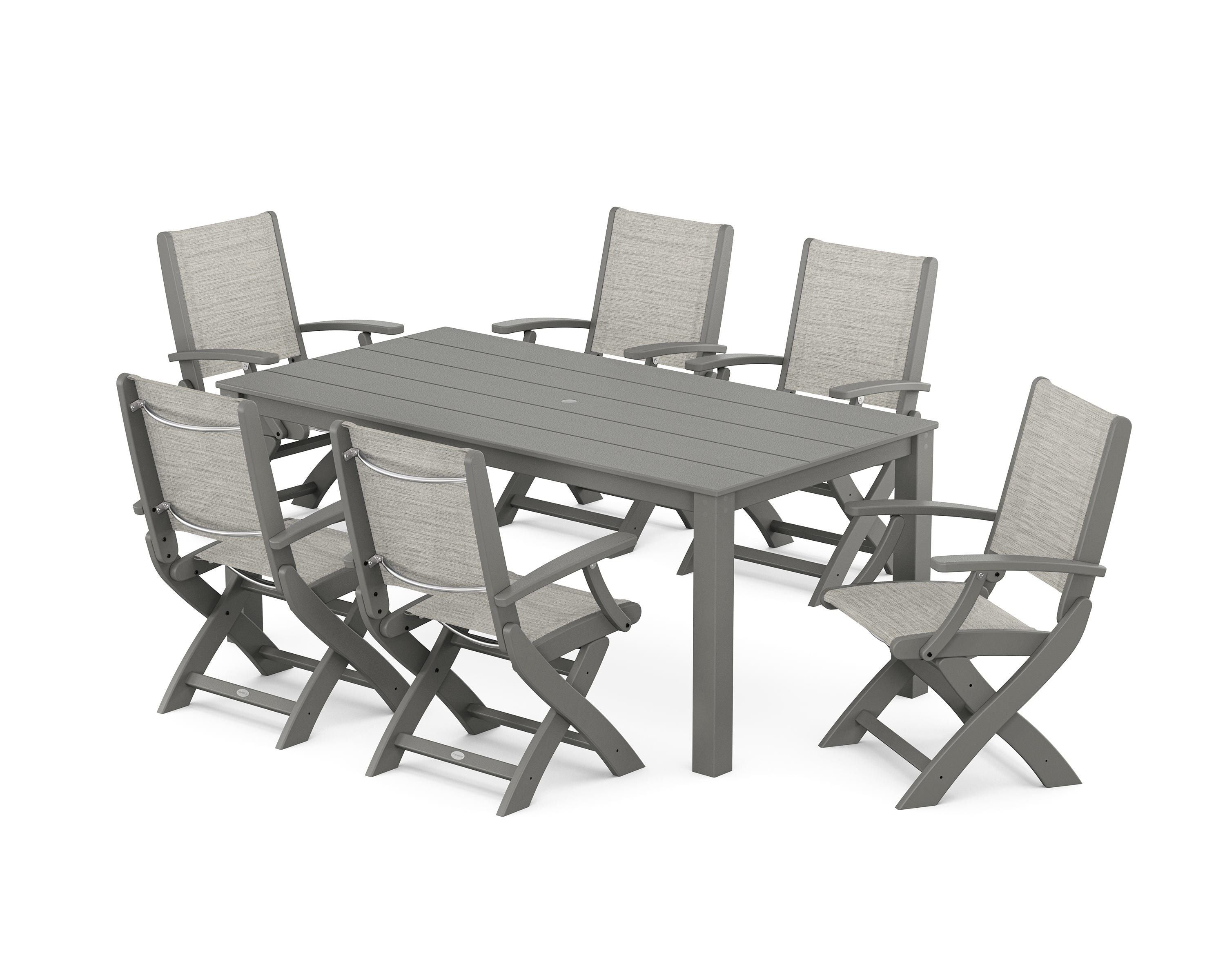 POLYWOOD® Coastal Folding Chair 7-Piece Parsons Dining Set in Slate Grey / Birch Sling