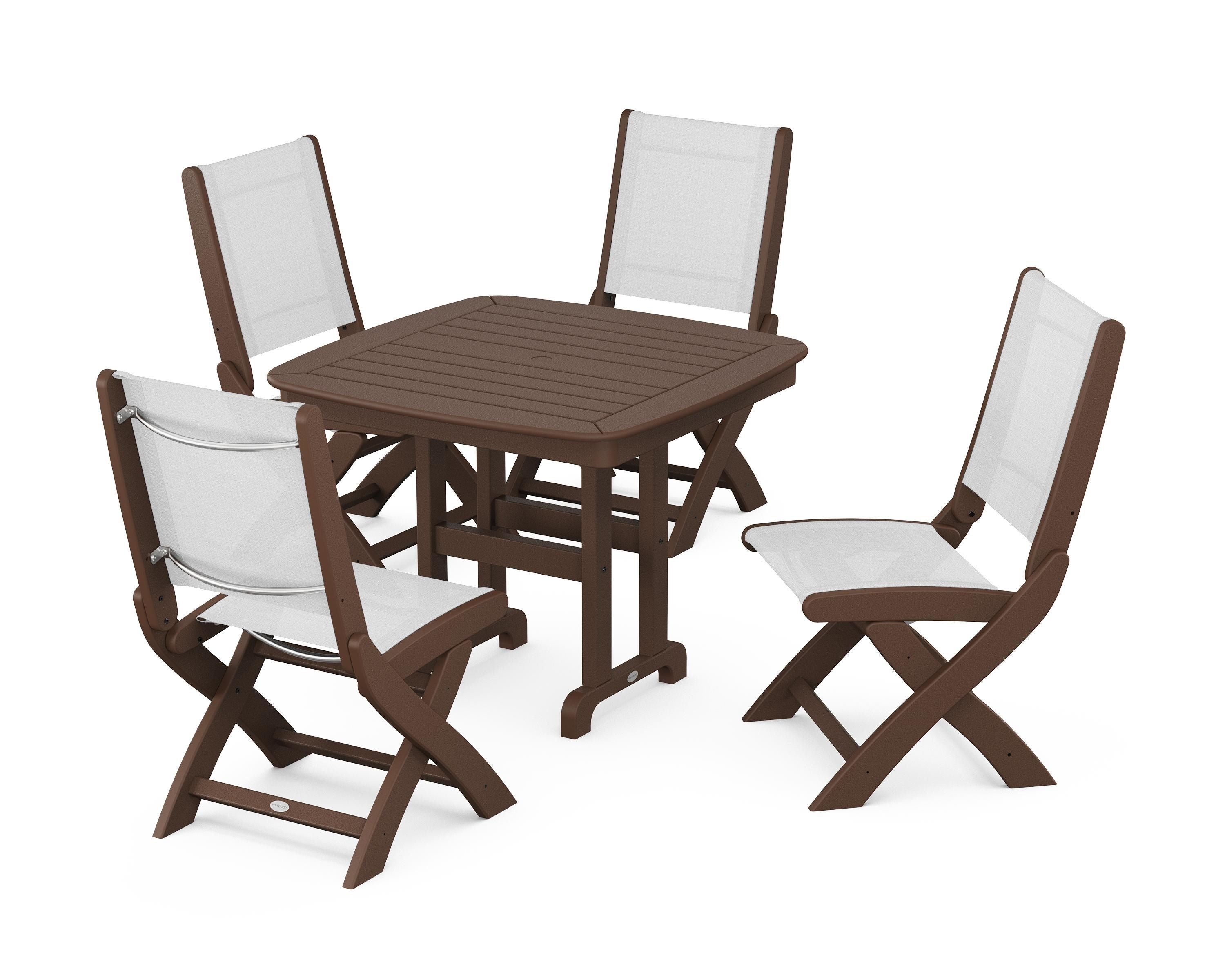 POLYWOOD® Coastal Folding Side Chair 5-Piece Dining Set in Mahogany / White Sling