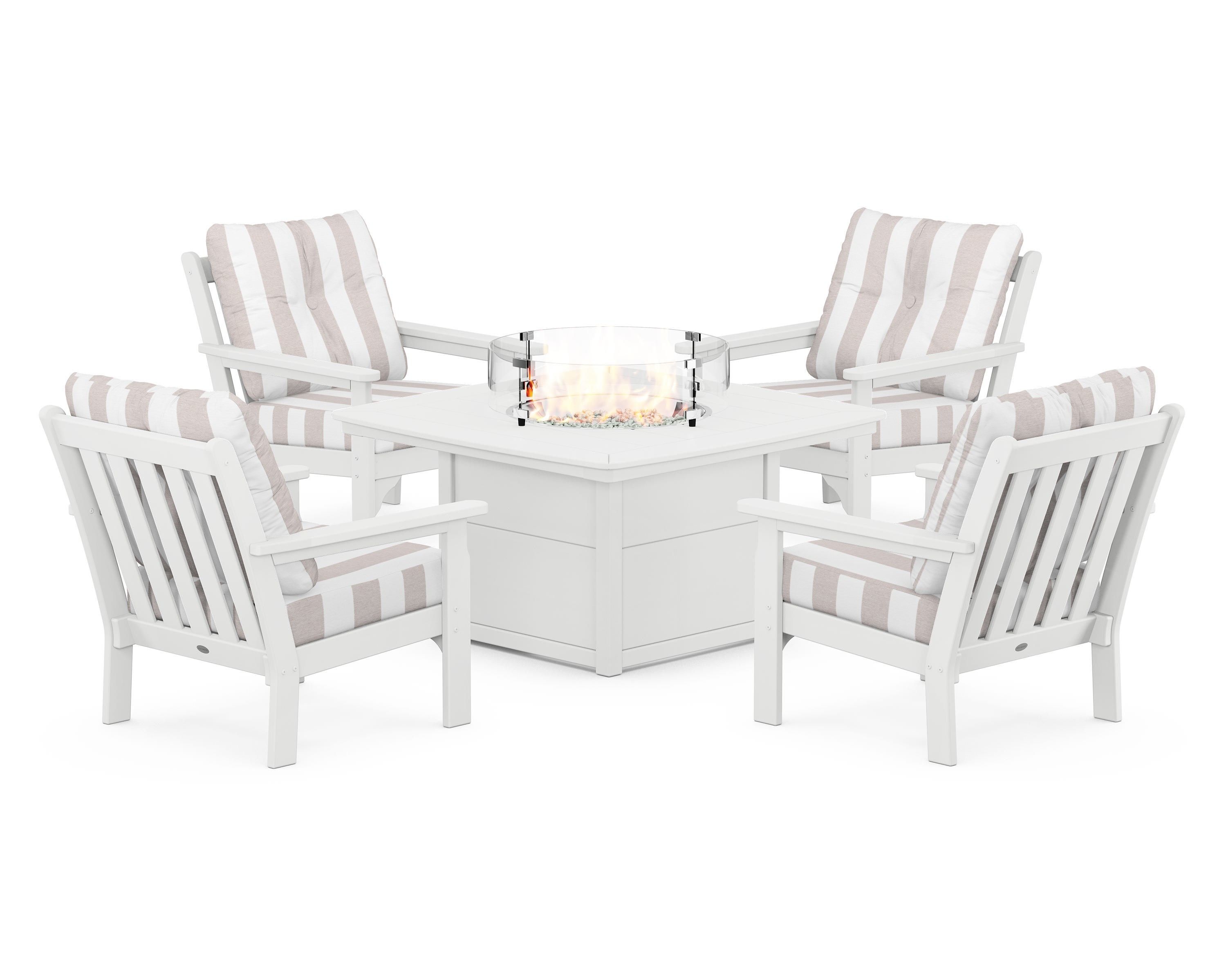 POLYWOOD® Vineyard 5-Piece Conversation Set with Fire Pit Table in White / Cabana Stripe Dune Burlap