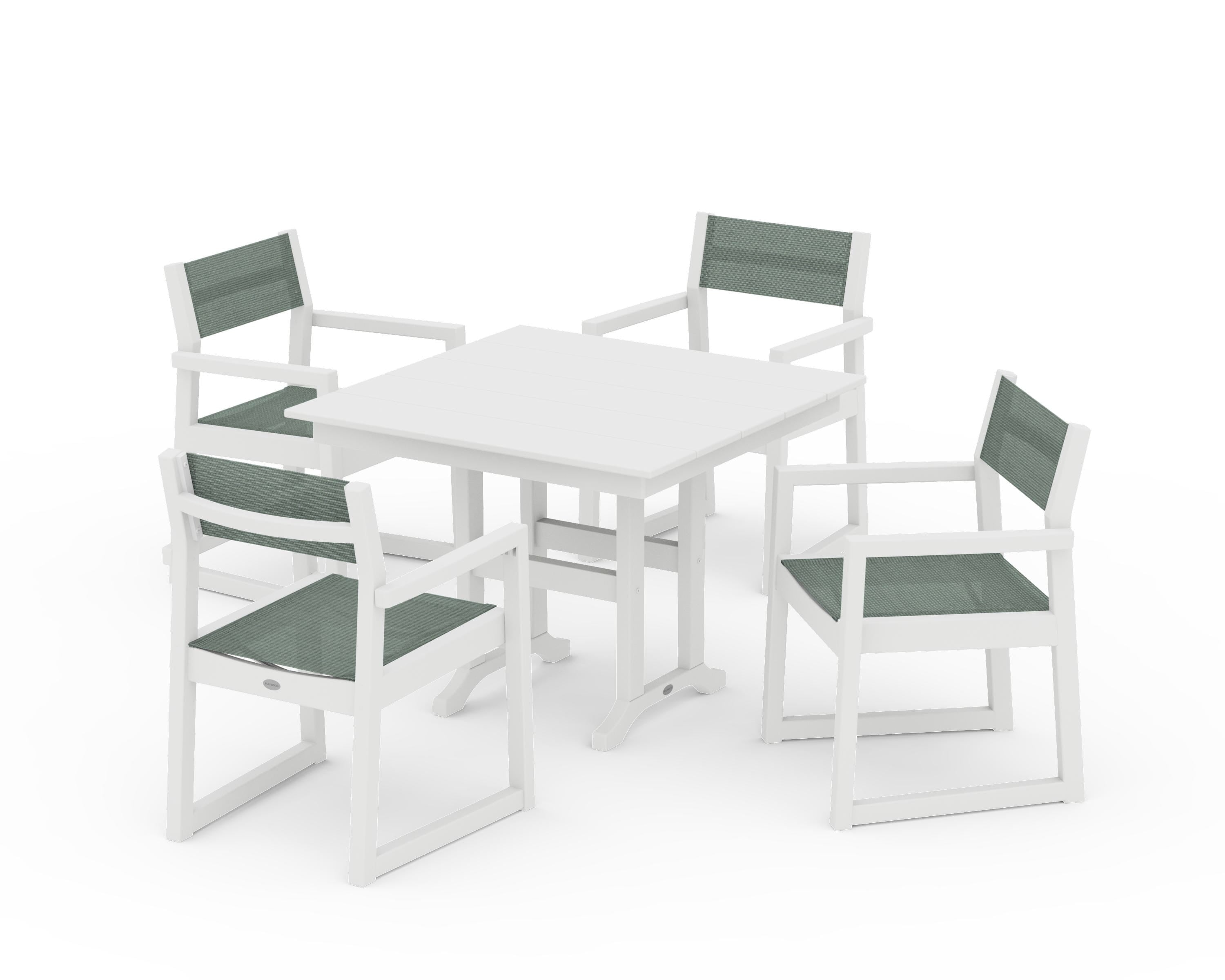 POLYWOOD® EDGE Sling Arm Chair 5-Piece Farmhouse Dining Set in White / Dupioni Sea Mist Sling