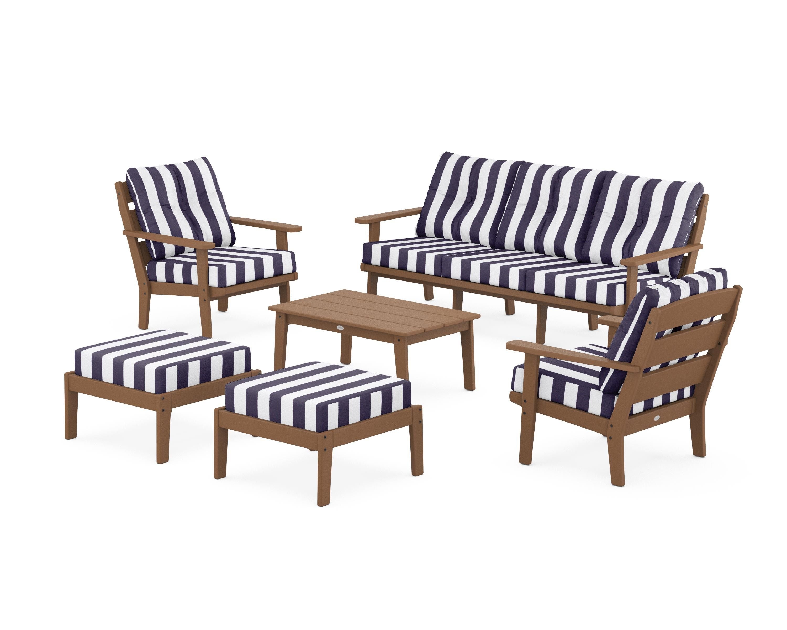 POLYWOOD® Lakeside 6-Piece Lounge Sofa Set in Teak / Cabana Stripe Navy