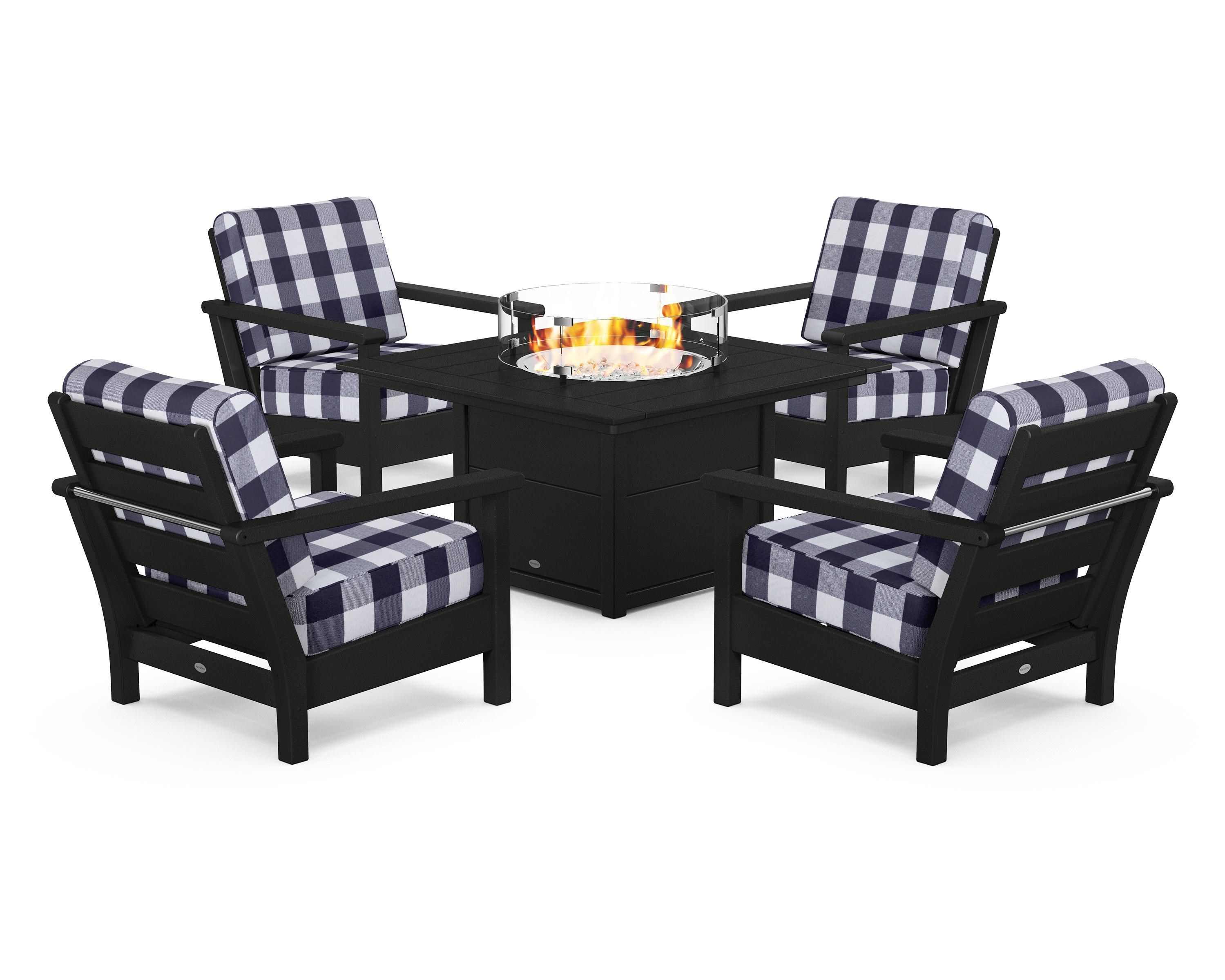 POLYWOOD® Harbour 5-Piece Conversation Set with Fire Pit Table in Black / Buffalo Plaid Navy