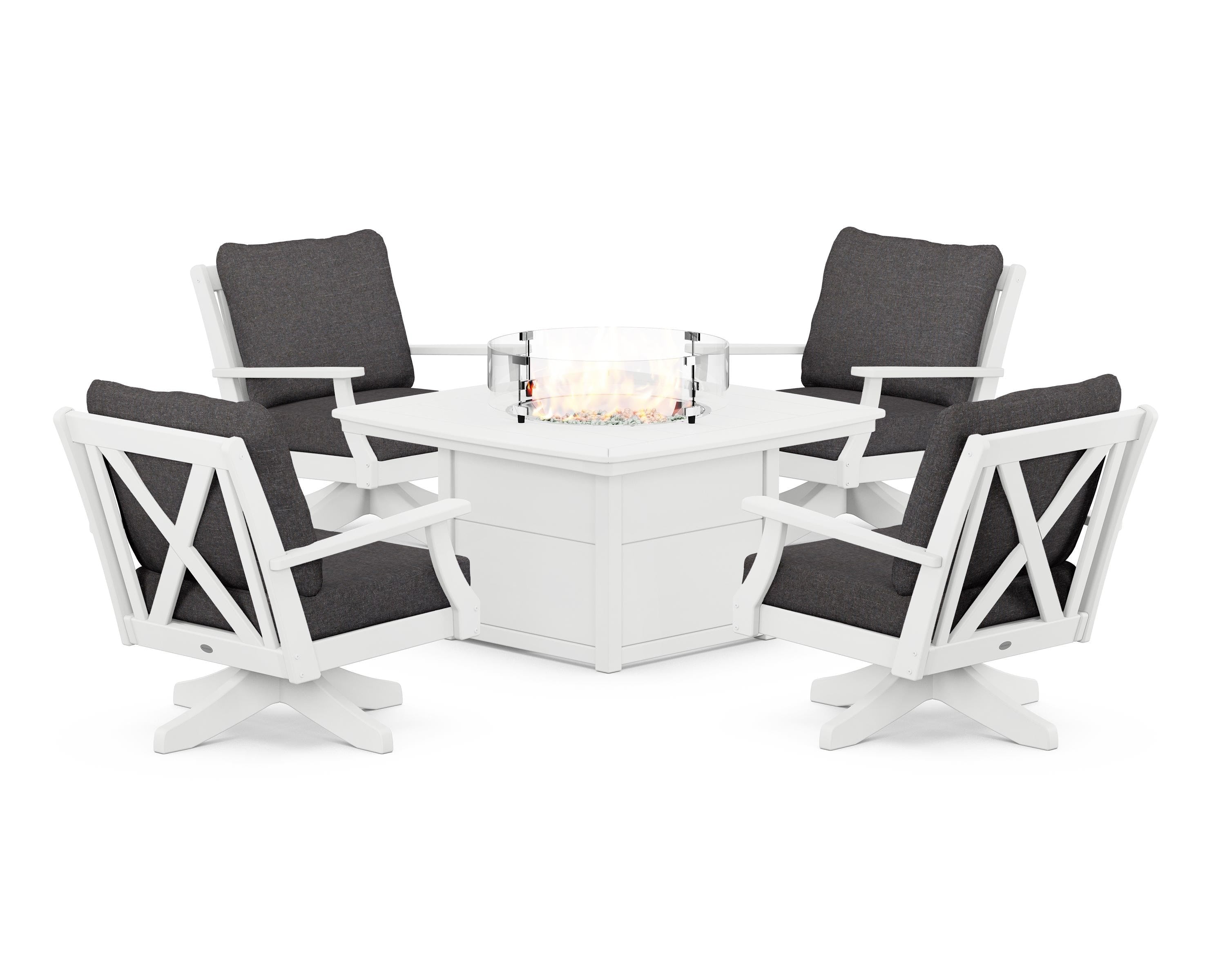 POLYWOOD® Braxton 5-Piece Deep Seating Swivel Conversation Set with Fire Pit Table in White / Ash Charcoal