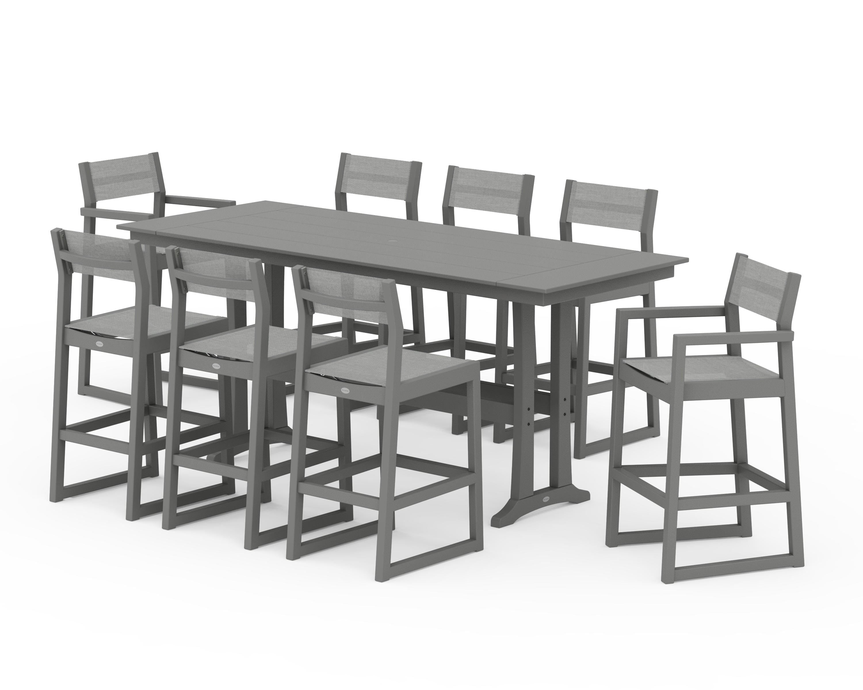 POLYWOOD® EDGE Sling 9-Piece Farmhouse Bar Set with Trestle Legs in Slate Grey / Metallic Sling