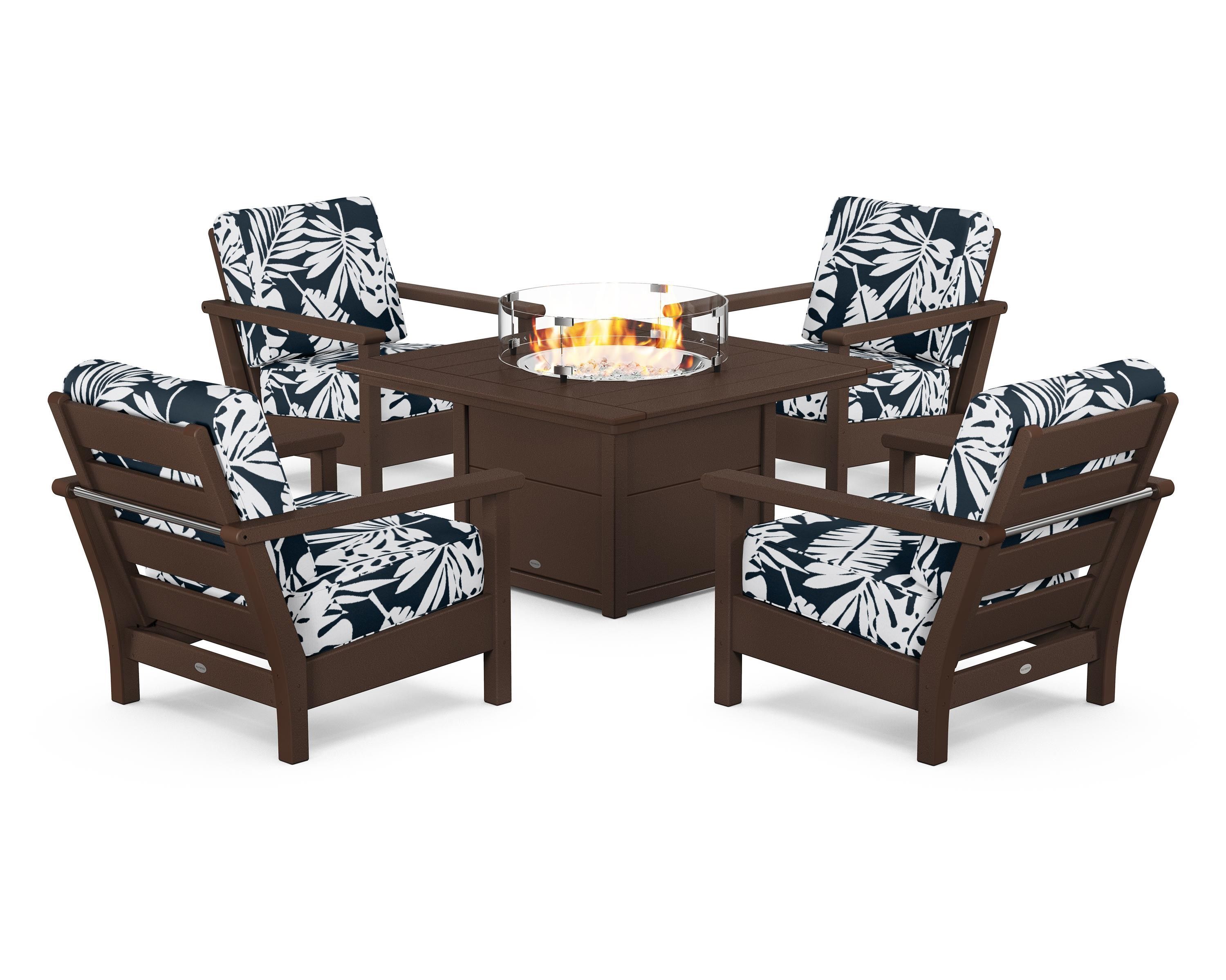 POLYWOOD® Harbour 5-Piece Conversation Set with Fire Pit Table in Mahogany / Leaf Marine Indigo