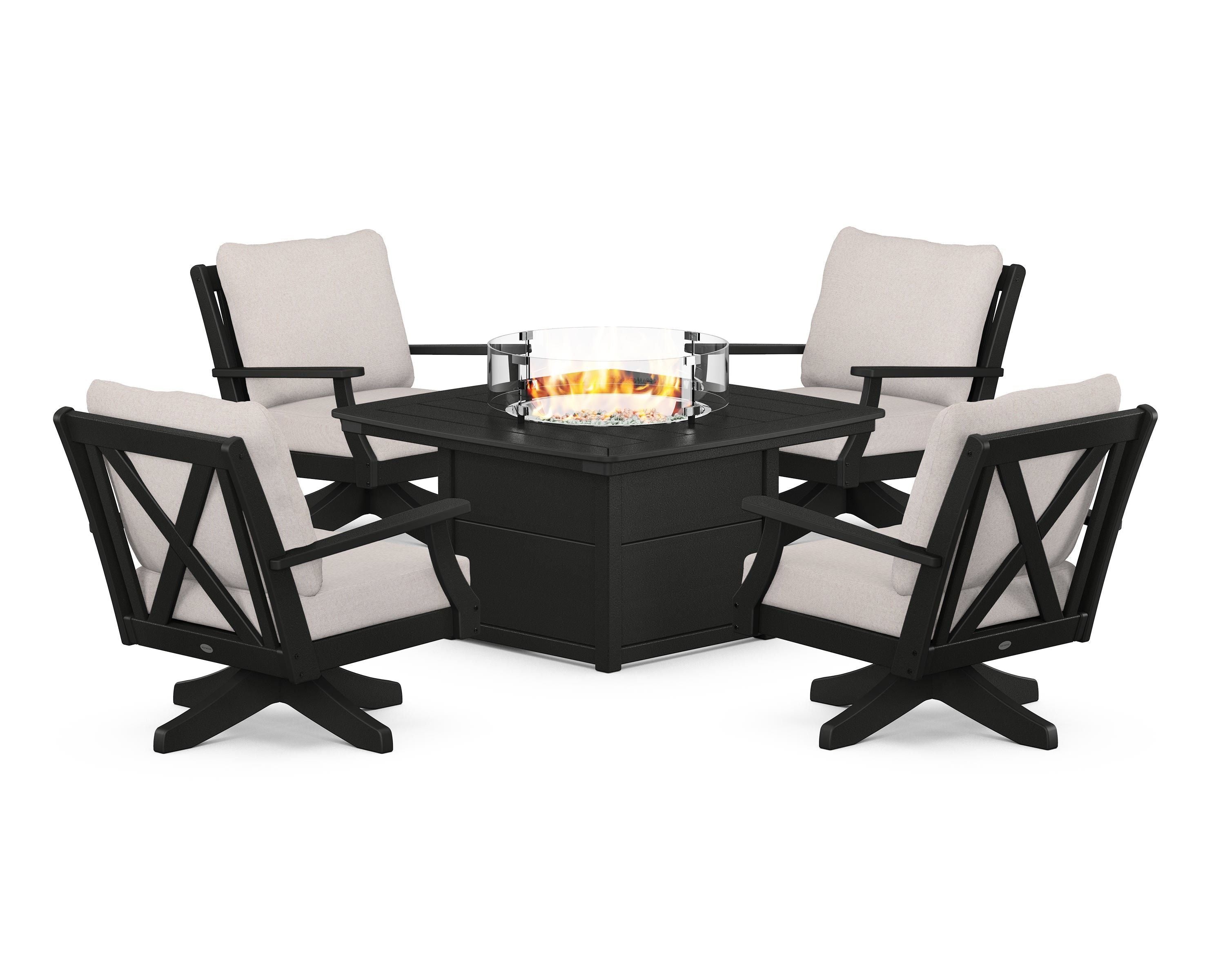 POLYWOOD® Braxton 5-Piece Deep Seating Swivel Conversation Set with Fire Pit Table in Black / Dune Burlap