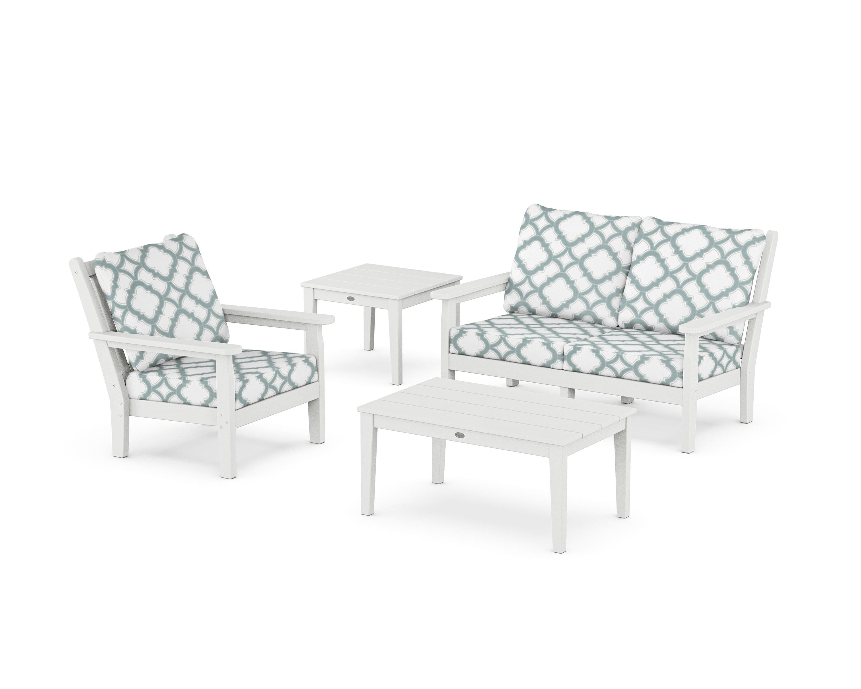 POLYWOOD® Chippendale 4-Piece Deep Seating Set in White / Trellis Glacier Spa