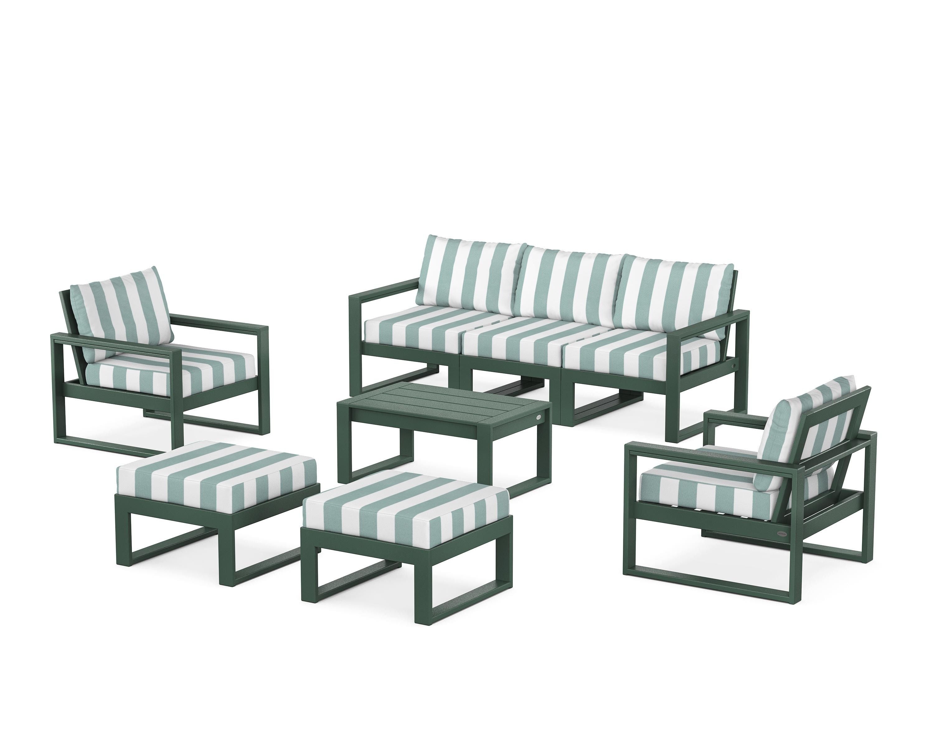 POLYWOOD® EDGE Sectional 8-Piece Lounge Sofa Set in Green / Cabana Stripe Glacier Spa