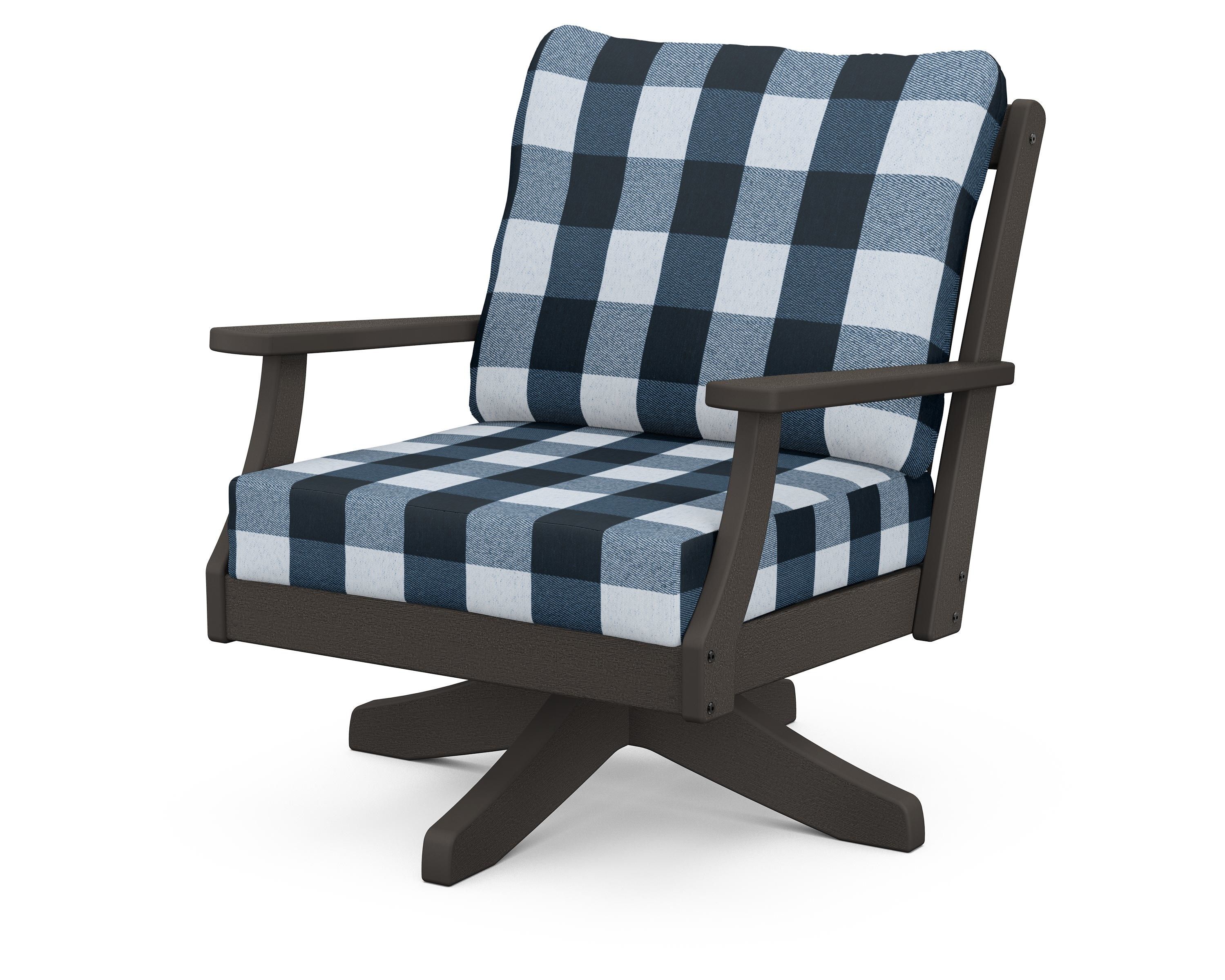 POLYWOOD® Braxton Deep Seating Swivel Chair in Vintage Coffee / Buffalo Plaid Marine Indigo